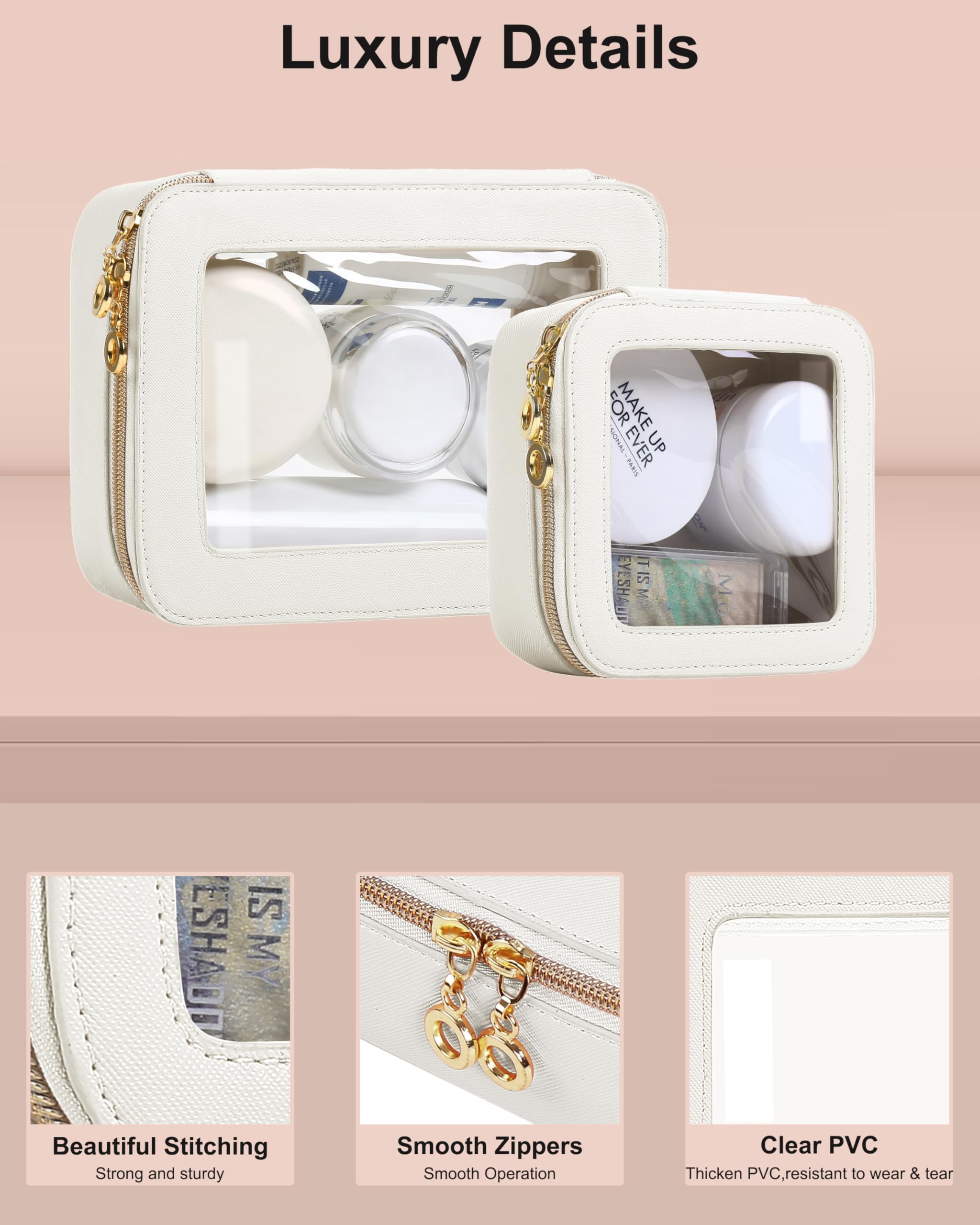 Leather Clear Makeup Bags Set - Travel Cosmetic Organizer with Zipper, TSA Approved Transparent Toiletry Bag for Women | Perfect for Air Travel, Gym Essentials & Car Organization (White, Small+Medium)