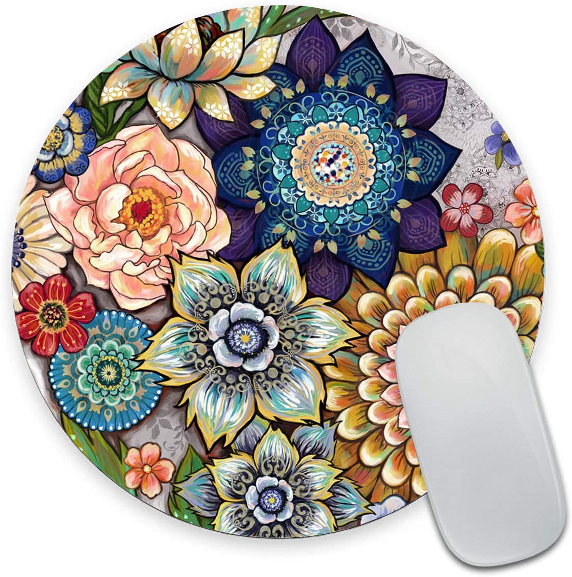 Boho Floral Round Mouse Pad - Non-Slip Rubber Base, Washable Lycra Cloth Computer Mouse Mat for Wireless Mouse - Perfect for Office, Gaming & Home Workspace Decor