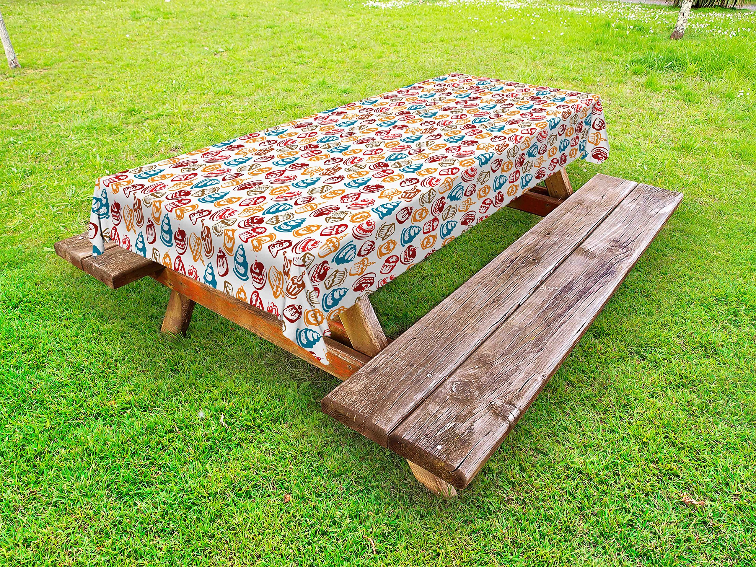 Ambesonne Waterproof Outdoor Tablecloth - Cupcake, Cake, Cream, Cherry & Candle Art Print - 58