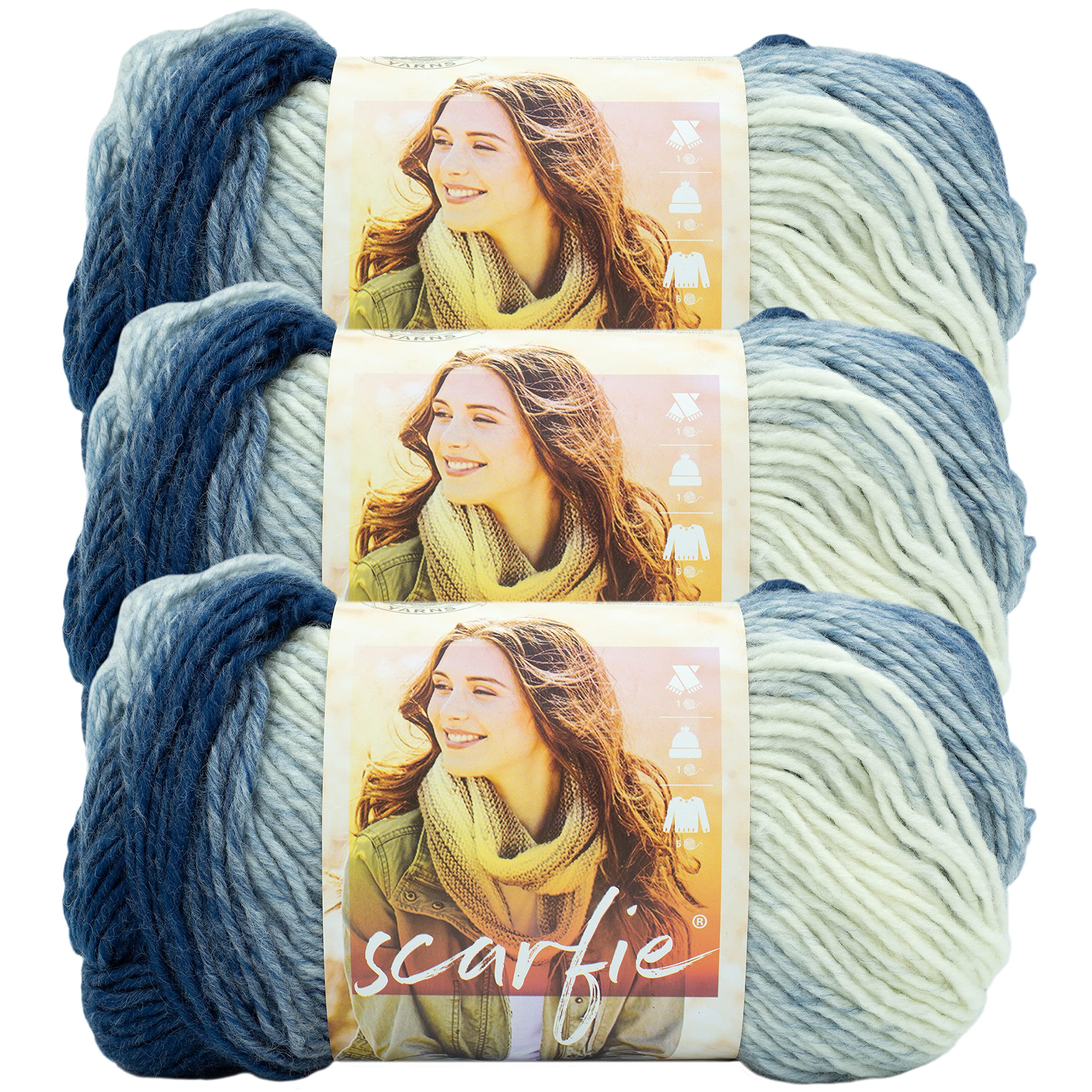Lion Brand Scarfie Yarn (3 Pack) - Soft Ombre Blue & Cream Knitting Yarn for Scarves, Hats & Winter Accessories | Perfect for DIY Crochet & Knitting Projects