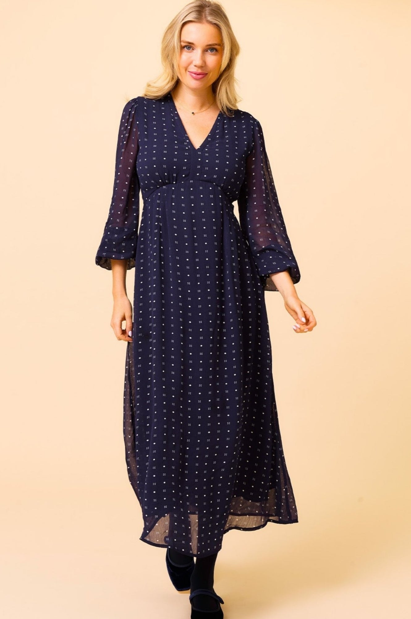 Evelyn Polka Dot Navy and White Dress - Women's Floral Summer Dress for Casual Wear, Office, and Special Occasions