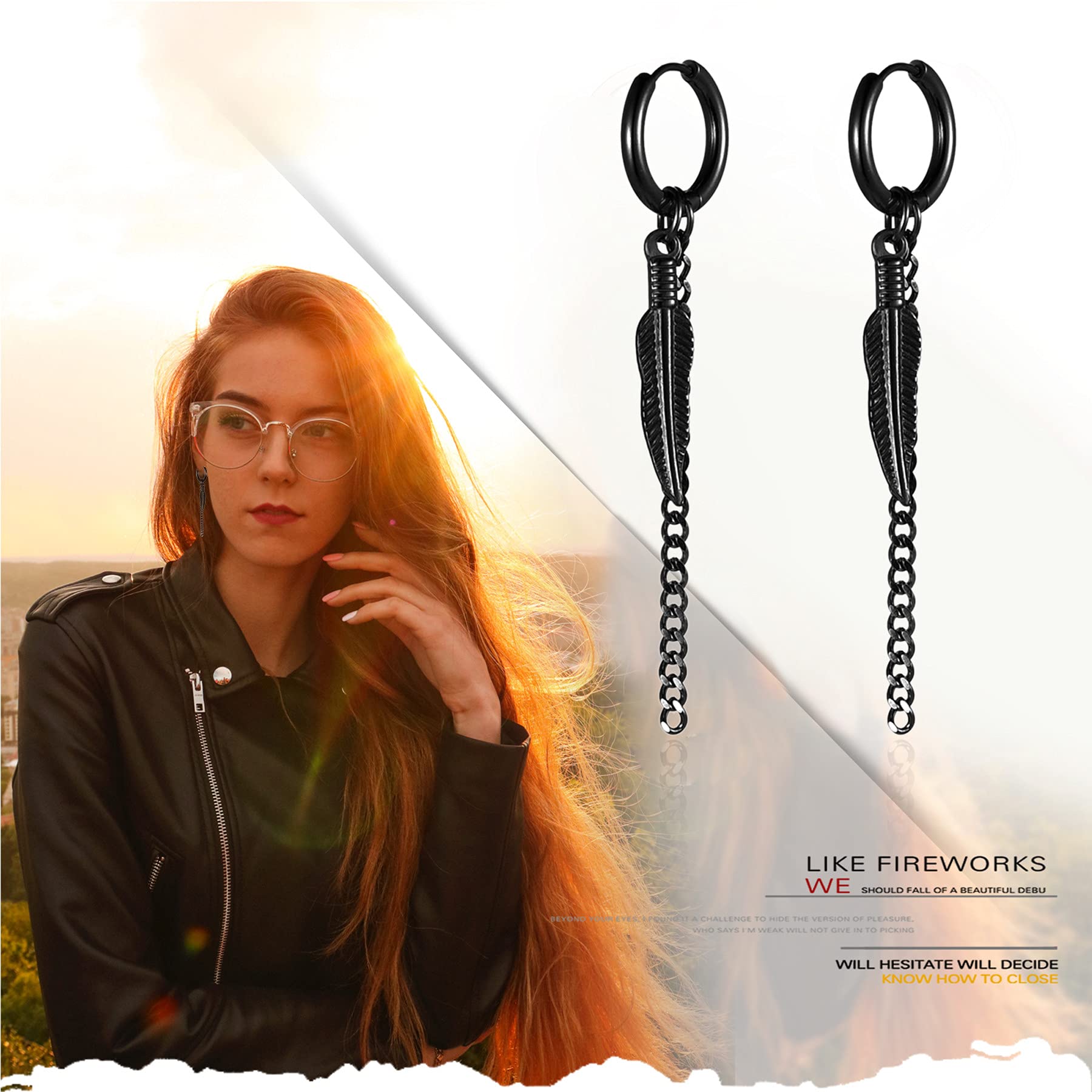 Feather Leaf & Long Chain Dangle Hoop Earrings Set - 3 Pairs Stainless Steel Hinged Piercing Hoops for Women & Men | Boho Chic Jewelry for Parties, Dating & Everyday Wear