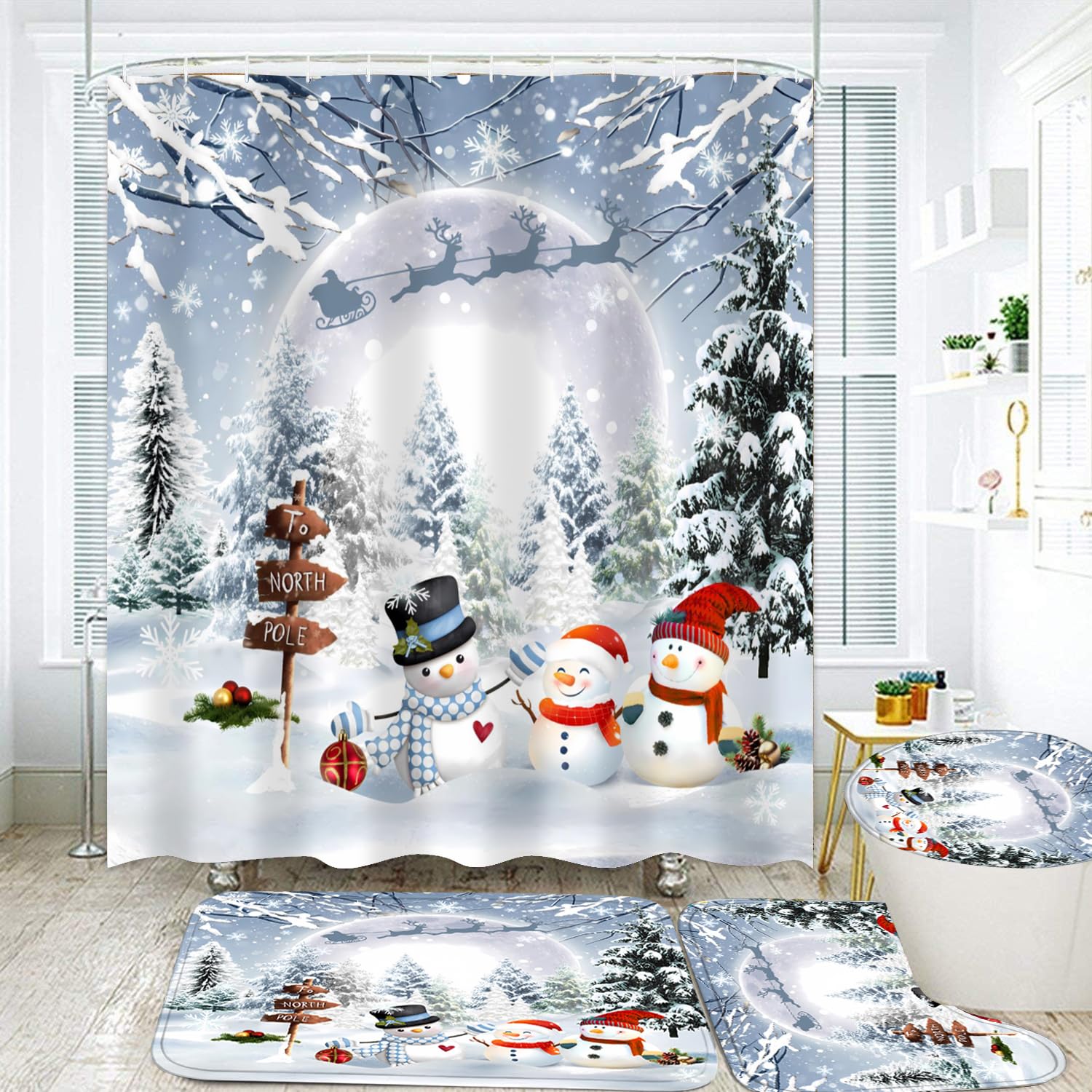 70x70 Inch Christmas Snowman Shower Curtain Set - Waterproof Holiday Bathroom Decor with Matching Rugs (4-Piece) for Winter & Xmas Bathroom Decoration | Perfect for Festive Home Decor & Gift Giving