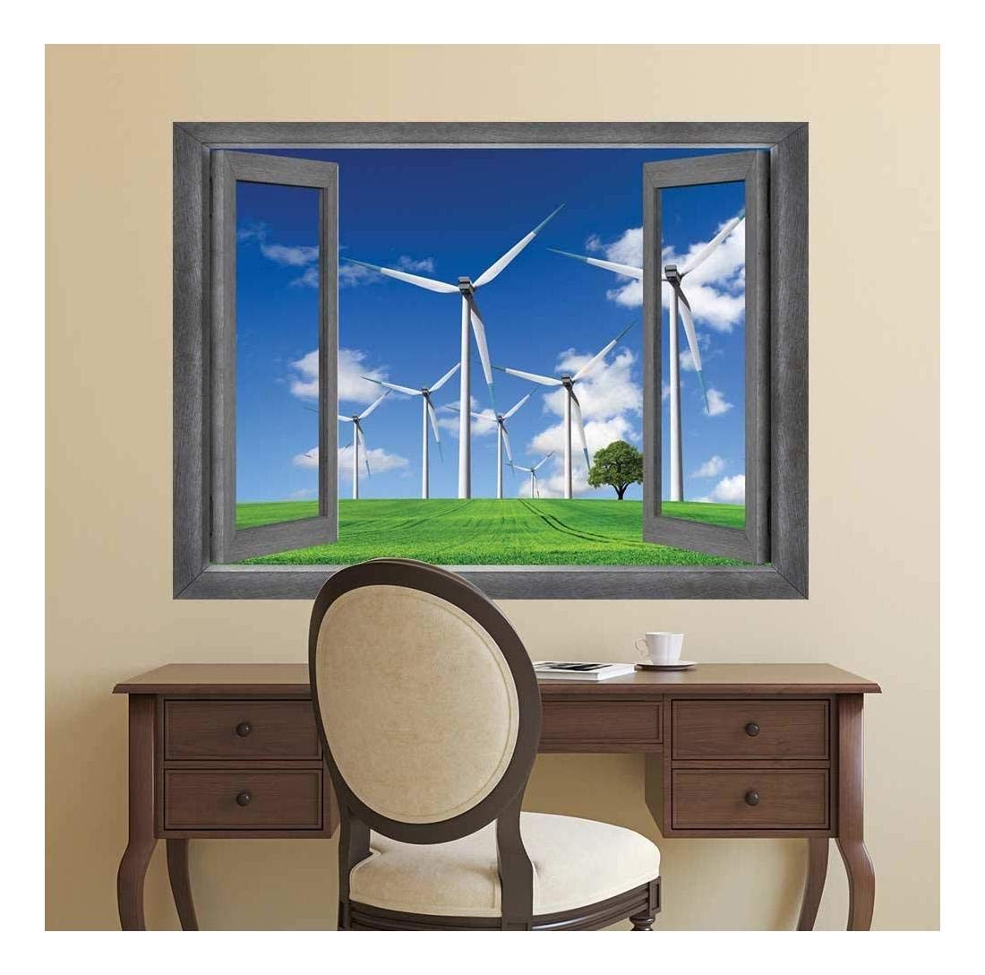 Wall26 - Open Window Creative Wall Decor - Windmills Countryside Mural - Removable Peel & Stick Wall Sticker - 36x48 Inch Home Decoration - Perfect for Living Room, Bedroom & Office Decor
