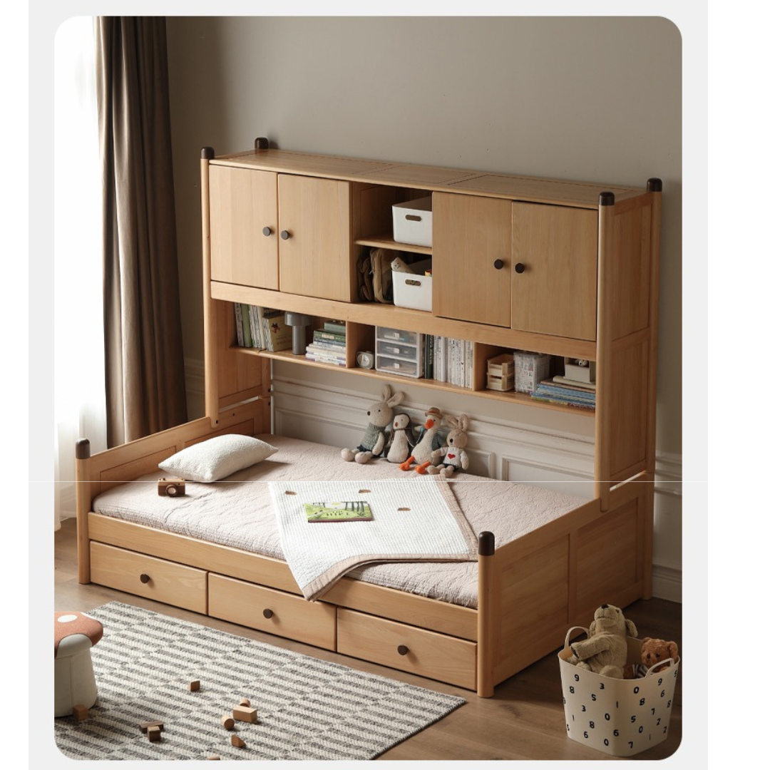Solid Oak Wood Multi-Function Storage Bed - Queen Size Platform Bed with Underbed Drawers for Small Space Bedroom, Guest Room & Studio Apartments
