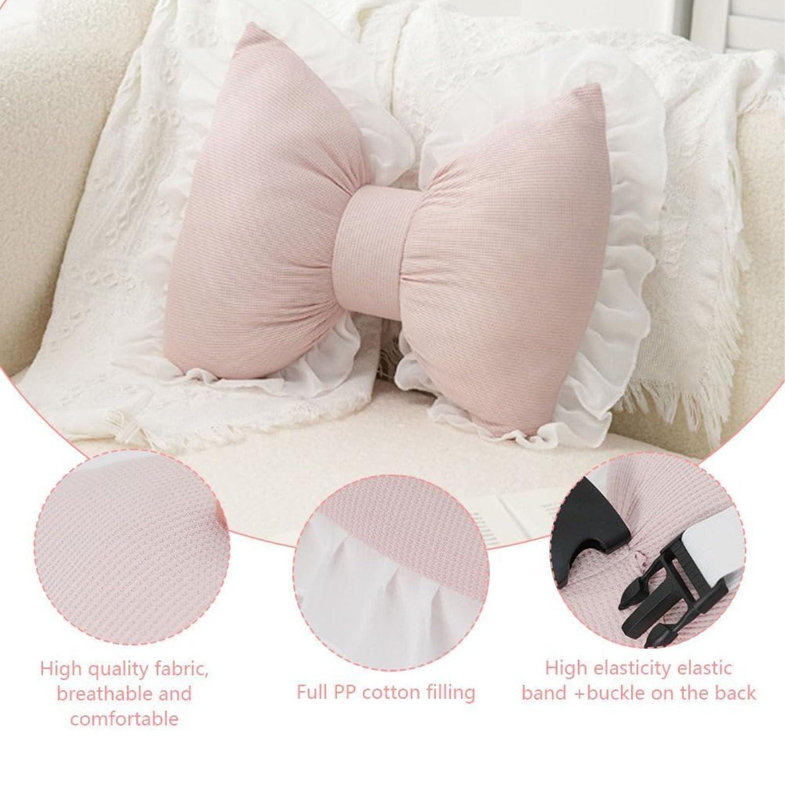 Decorative Bow Shaped Pillow - Pink Lace Bowknot Throw Pillow for Sofa, Couch, Bed, Living Room & Bedroom | Soft & Stylish Home Decor Accent - Perfect for Girls' Rooms, Nursery, Wedding Decor & Photo Props (White)