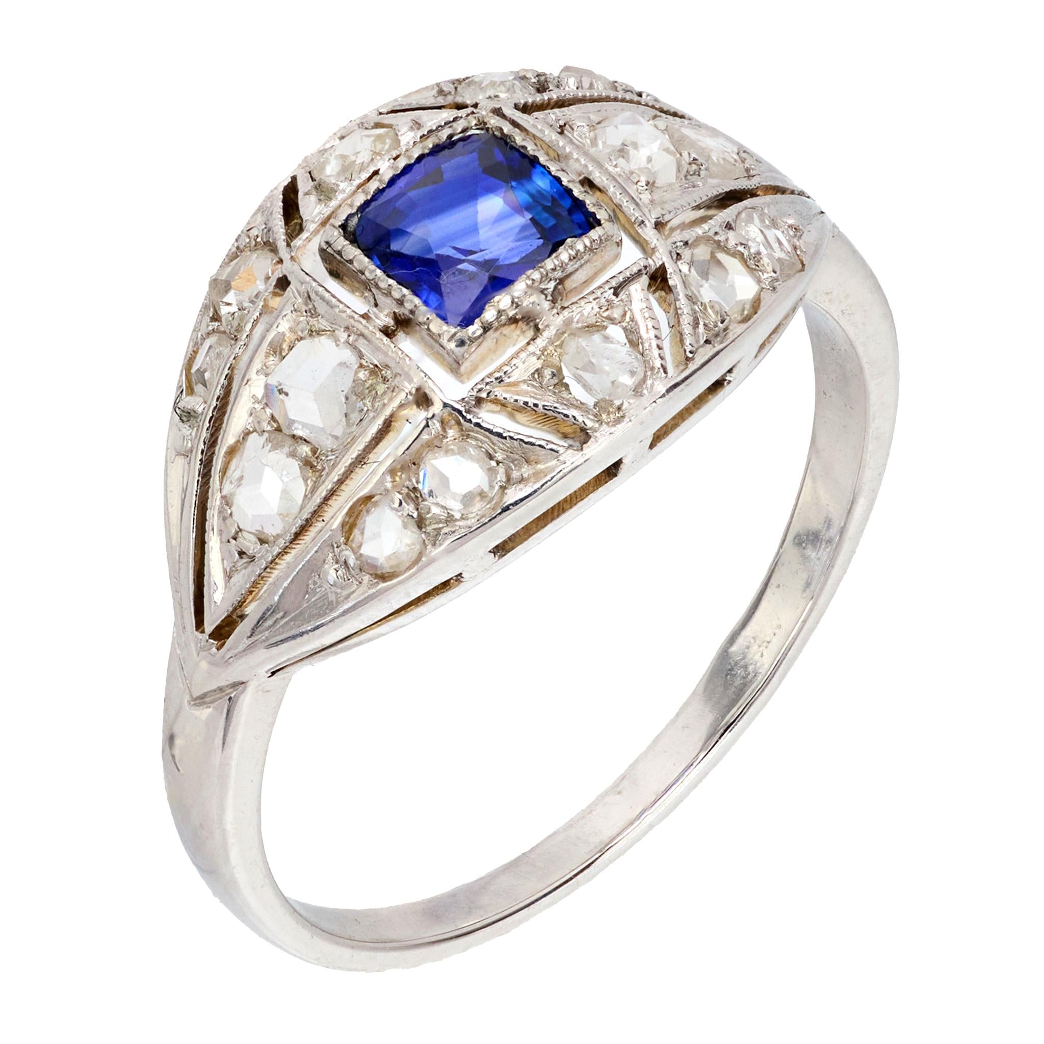 Vintage Art Deco French Sapphire and Diamond Ring in 18K White Gold – Perfect for Weddings, Anniversaries & Special Occasions