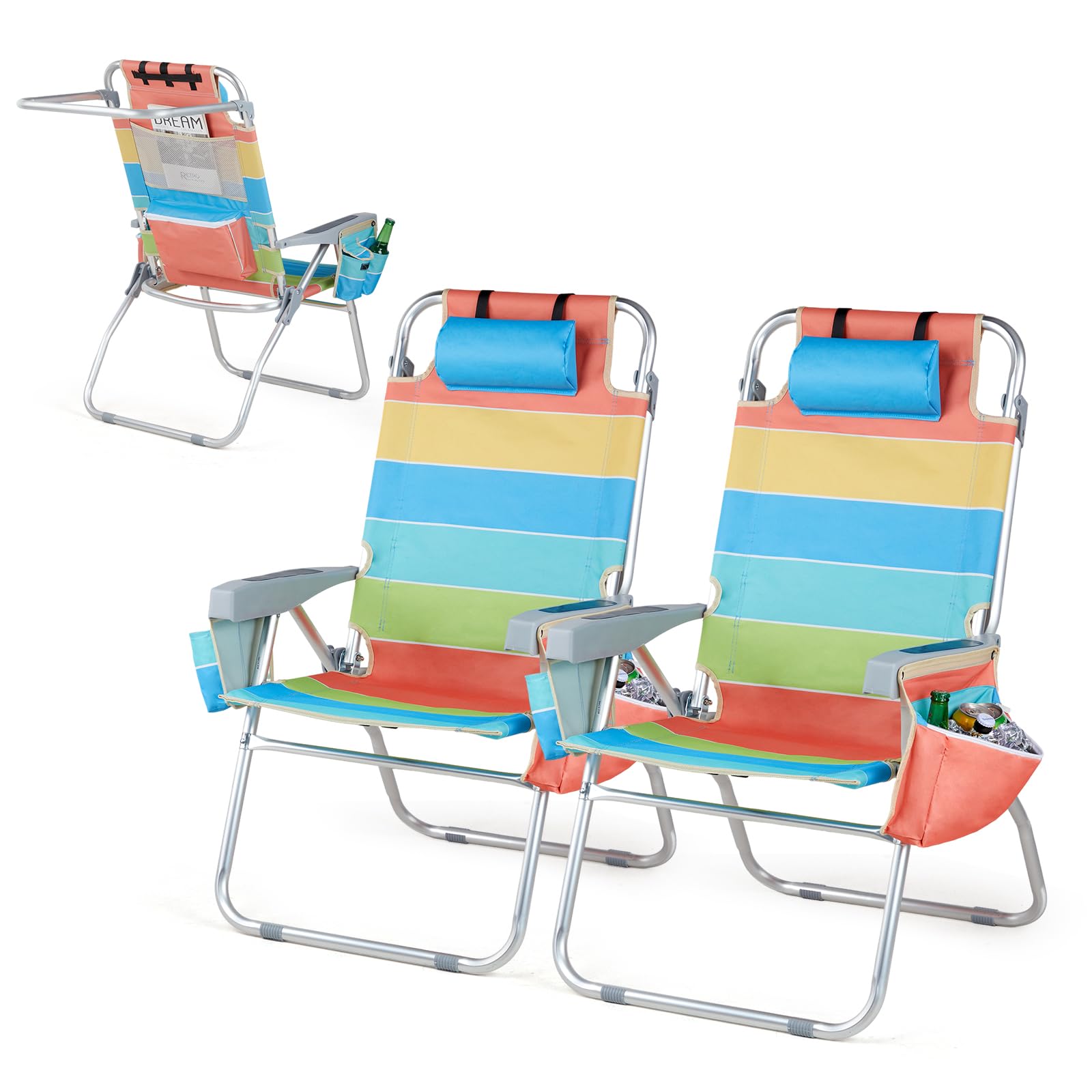 VINGLI 2 Pack Tall Beach Chairs with 5-Position Recline, Built-in Cooler Bag, Cup Holders & Towel Bar - Lightweight Folding Camping Chairs for Adults (Rainbow-16) - Perfect for Beach, Poolside, Backyard & Outdoor Relaxation
