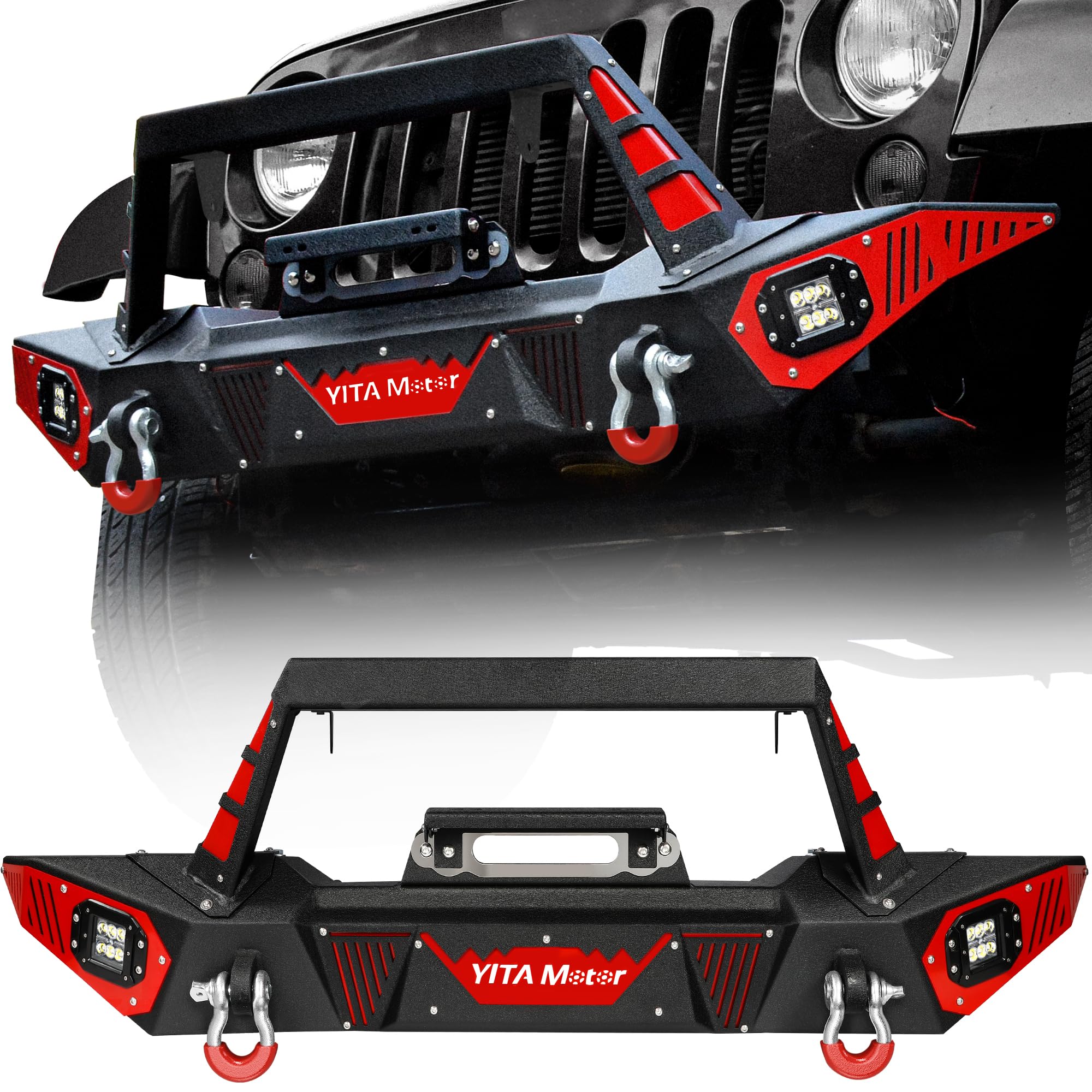 YITAMOTOR Heavy Duty Front Bumper for 2007-2018 Jeep Wrangler JK & JKU Unlimited - Rock Crawler Off-Road Bumper with Winch Plate, LED Lights, D-Rings & License Plate Bracket | Perfect for Off-Roading, Rock Crawling & Jeep Modifications