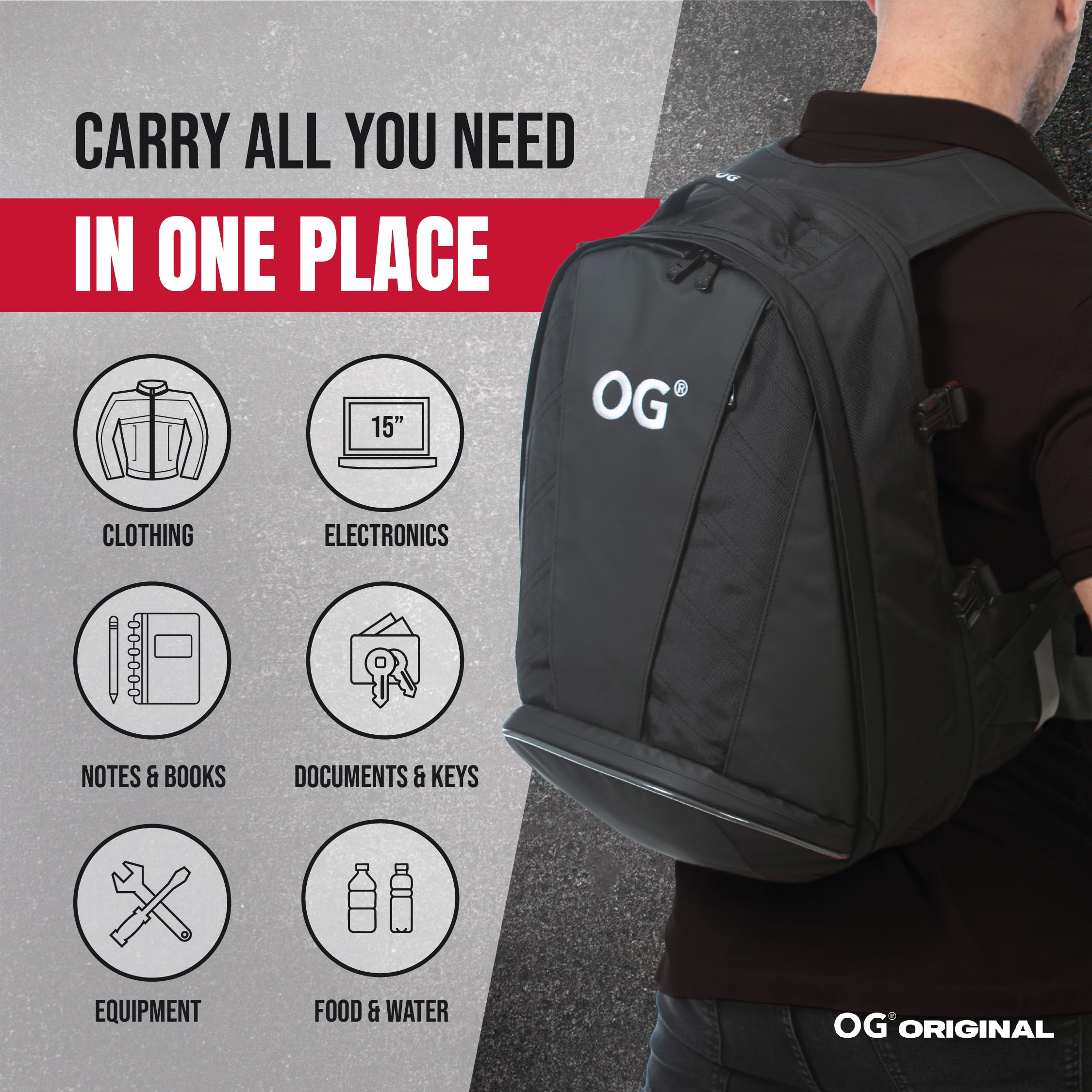 OG Original EZ-Rider PRO Motorcycle Backpack Black - Expandable 28-35L Waterproof Motorbike Helmet Bag with Laptop Pocket & Reflective White Logo - Perfect for Commuting, Travel & Adventure Riding