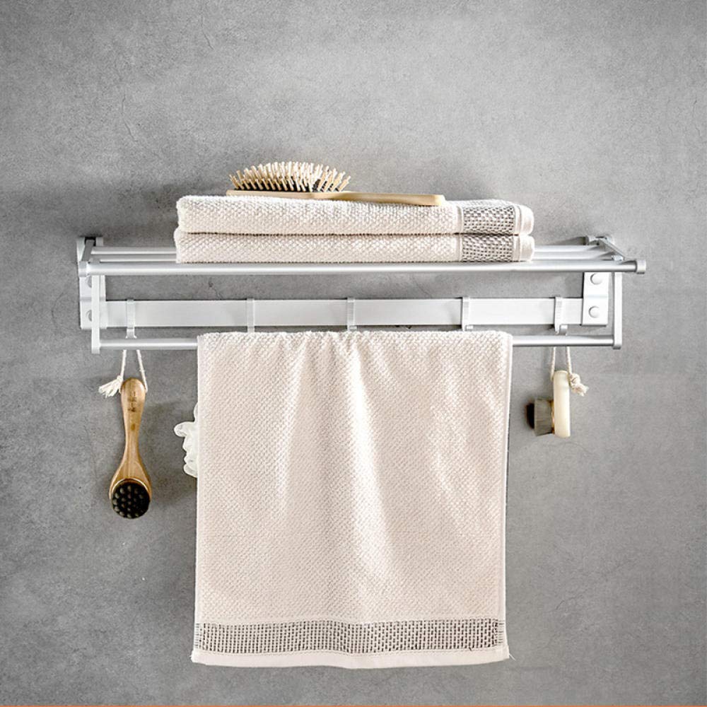 Space-Saving Aluminum Silver Anodized Double Layer Foldable Wall-Mounted Towel Rack with Hooks - 60Cm Bathroom Towel Holder for Home & Hotel Use - Perfect for Small Spaces, Bathroom Organization and Luxury Hotel Storage