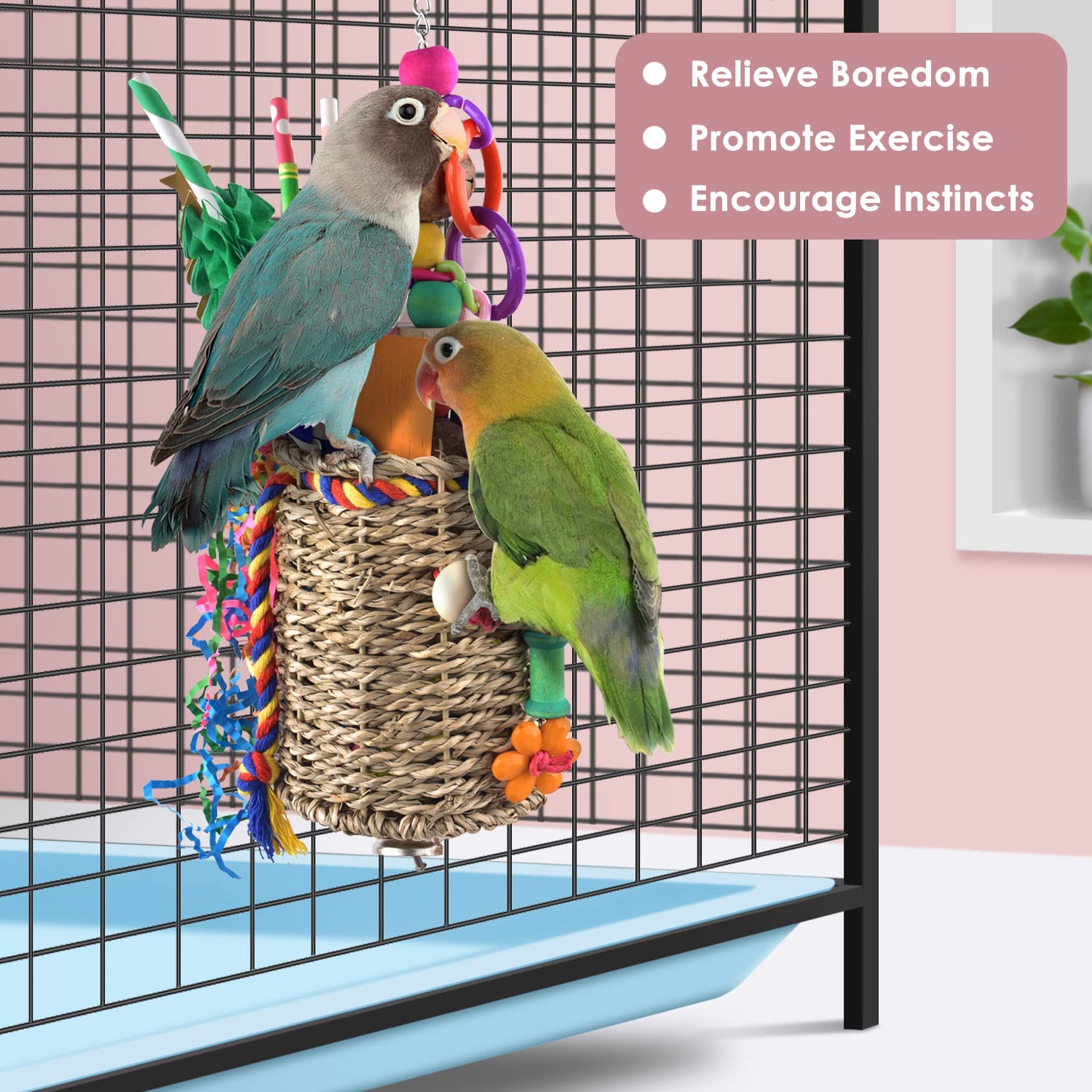 KATUMO Bird Toys for Parakeets, Cockatiels & Conures - Natural Grass Foraging & Shredding Basket - Small & Medium Bird Cage Toys - Perfect for Mental Stimulation & Playtime