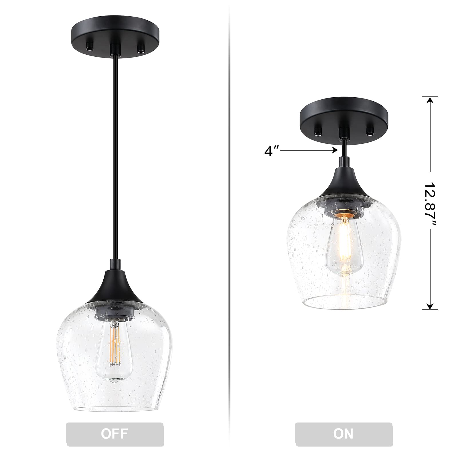 3 Pack Black Mini Hanging Pendant Lights with Clear Seeded Glass Shades - Indoor Kitchen Island Lighting for Dining Room, Bar Counter, Breakfast Nook & Home Decor