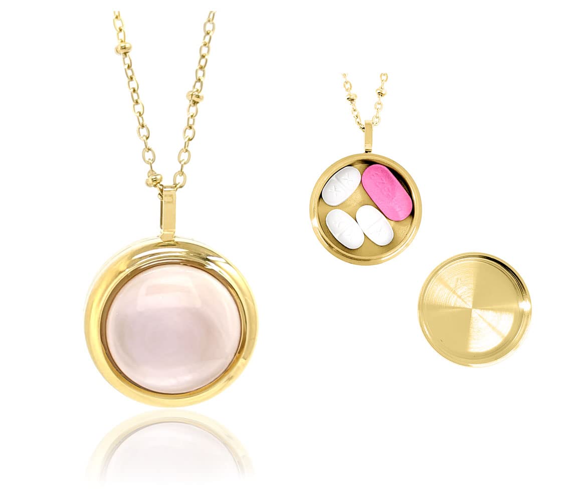 Mother of Pearl Pill Locket Necklace - Secure Medication Holder Jewelry for Pills, Photos & Keepsakes - 26