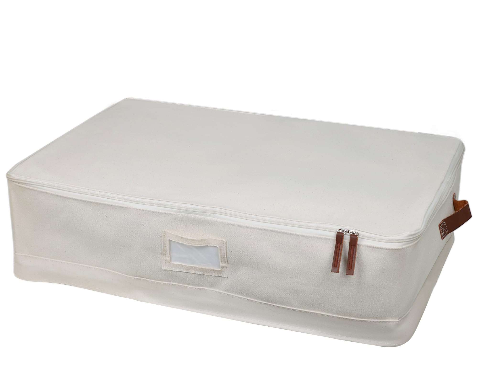 Large Canvas Clothes Storage Bag with Zipper & PU Leather Handles - Heavy Duty Closet Organizer for Seasonal Clothing, Blankets & Linens - Decorative Storage Bin with Label for Bedroom, Closet & Travel
