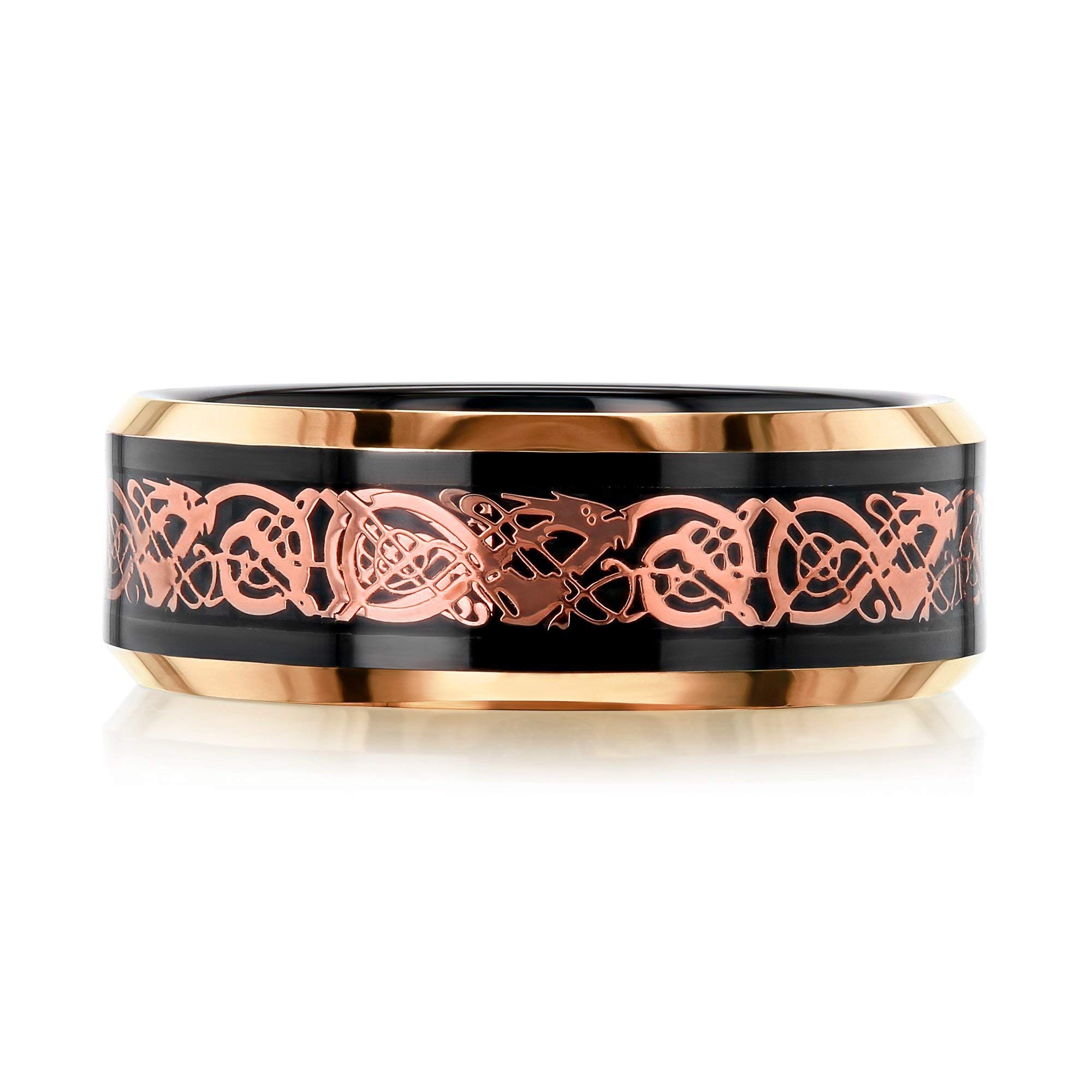 Kobelli 8MM Black and Rose Gold Celtic Dragon Inlay Wedding Band Ring for Men - Perfect for Celtic Weddings, Anniversary Gifts & Viking Style Jewelry Lovers