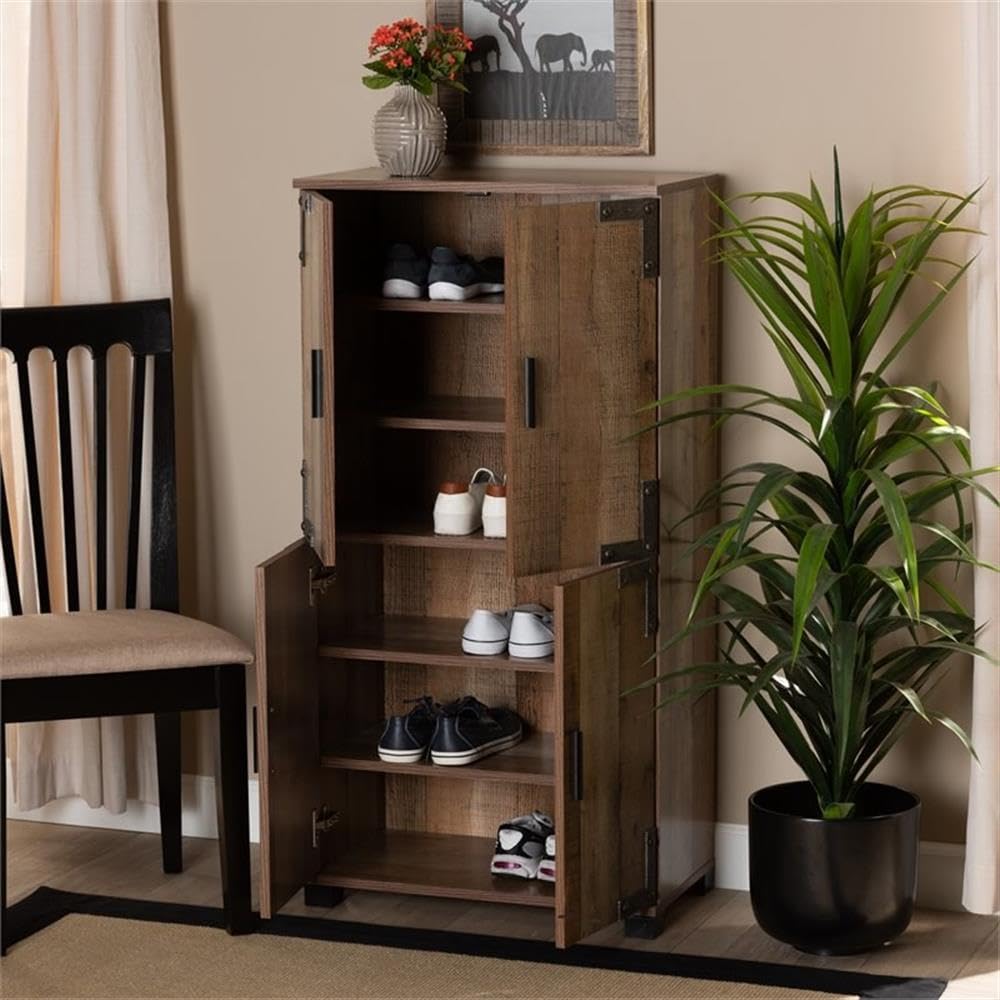 BOWERY HILL Rustic Brown 4-Door Wooden Shoe Storage Cabinet - Organize Entryway, Closet & Bedroom Shoes | Space Saving Shoe Rack for Home & Office