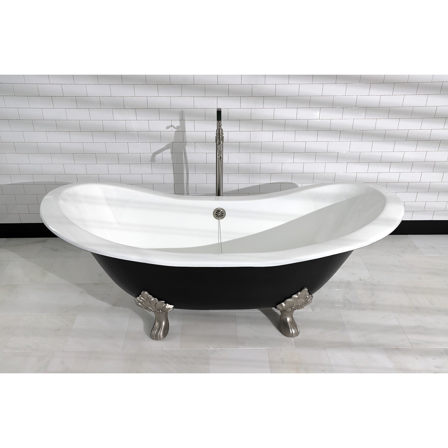 Aqua Eden 72 Inch Cast Iron Oval Double Slipper Clawfoot Bathtub - No Faucet Drillings, Black/White/Brushed Nickel - Vintage Freestanding Soaking Tub for Bathroom Remodel & Luxury Spa Retreat