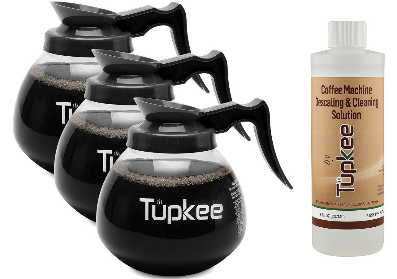 Premium 64 oz Glass Coffee Carafe with Black Handle - 12-Cup Capacity, Set of 3 + Bonus Coffee Machine Descaler - Perfect for Drip Coffee Makers, Espresso Machines & Keurig Brewers - Ideal for Home, Office & Restaurant Use
