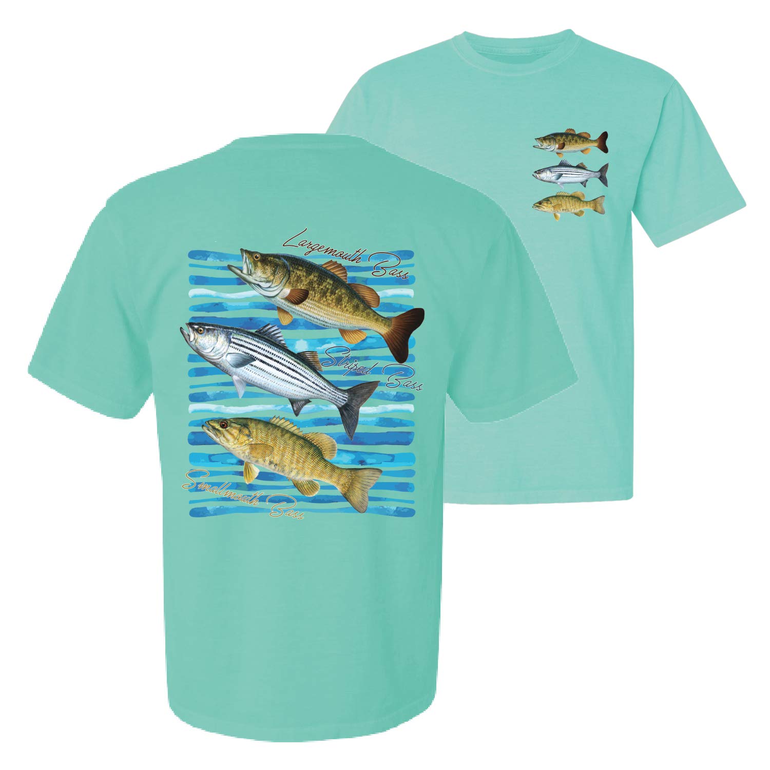 Men's Bass Fishing T-Shirt - Largemouth Striped Smallmouth Big Bass Graphic - Front & Back Garment-Dyed Short Sleeve Tee for Anglers - Perfect for Fishing Trips & Outdoor Adventures