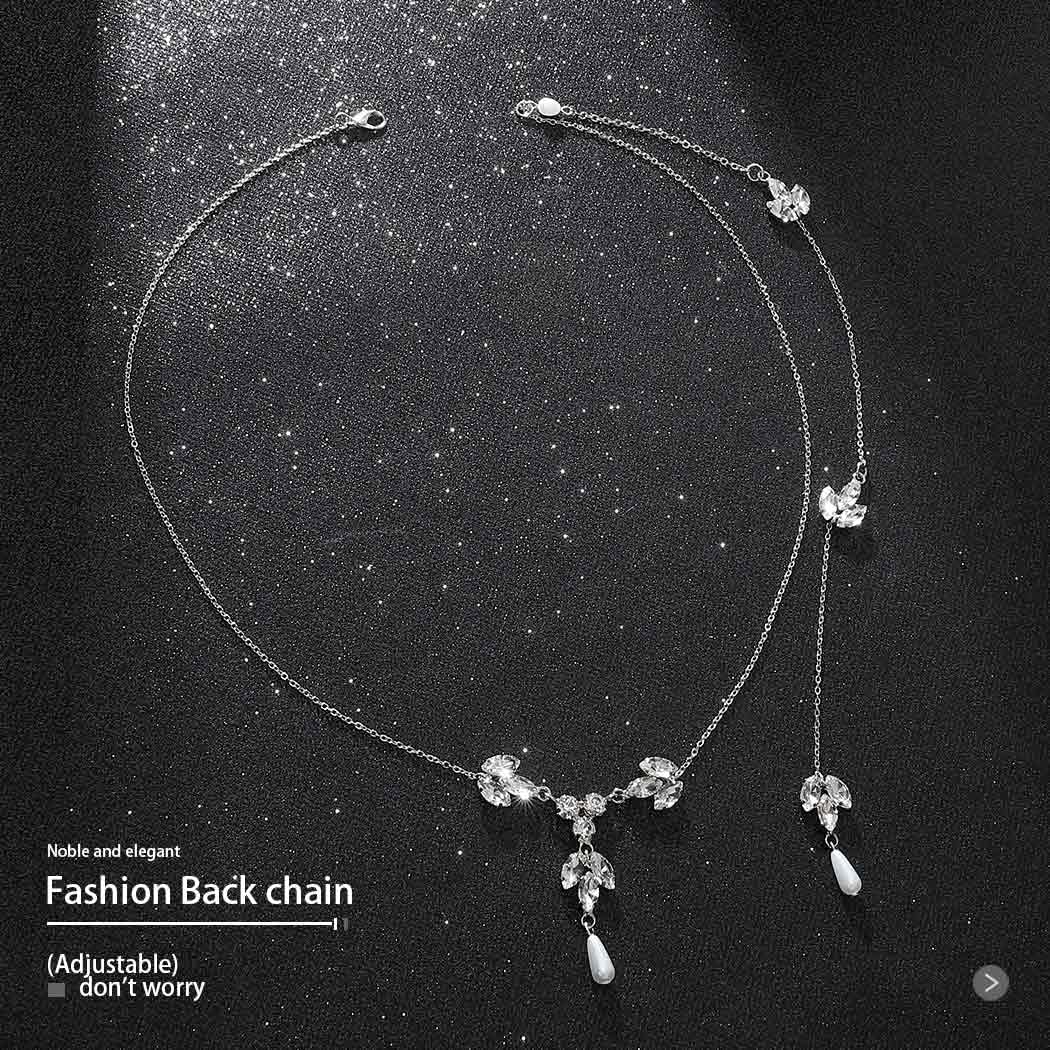 Elegant Wedding Crystal Necklace with Pearl Accents & Silver Drop Back Body Chain for Women - Perfect for Bridal, Evening Gowns, and Special Occasions