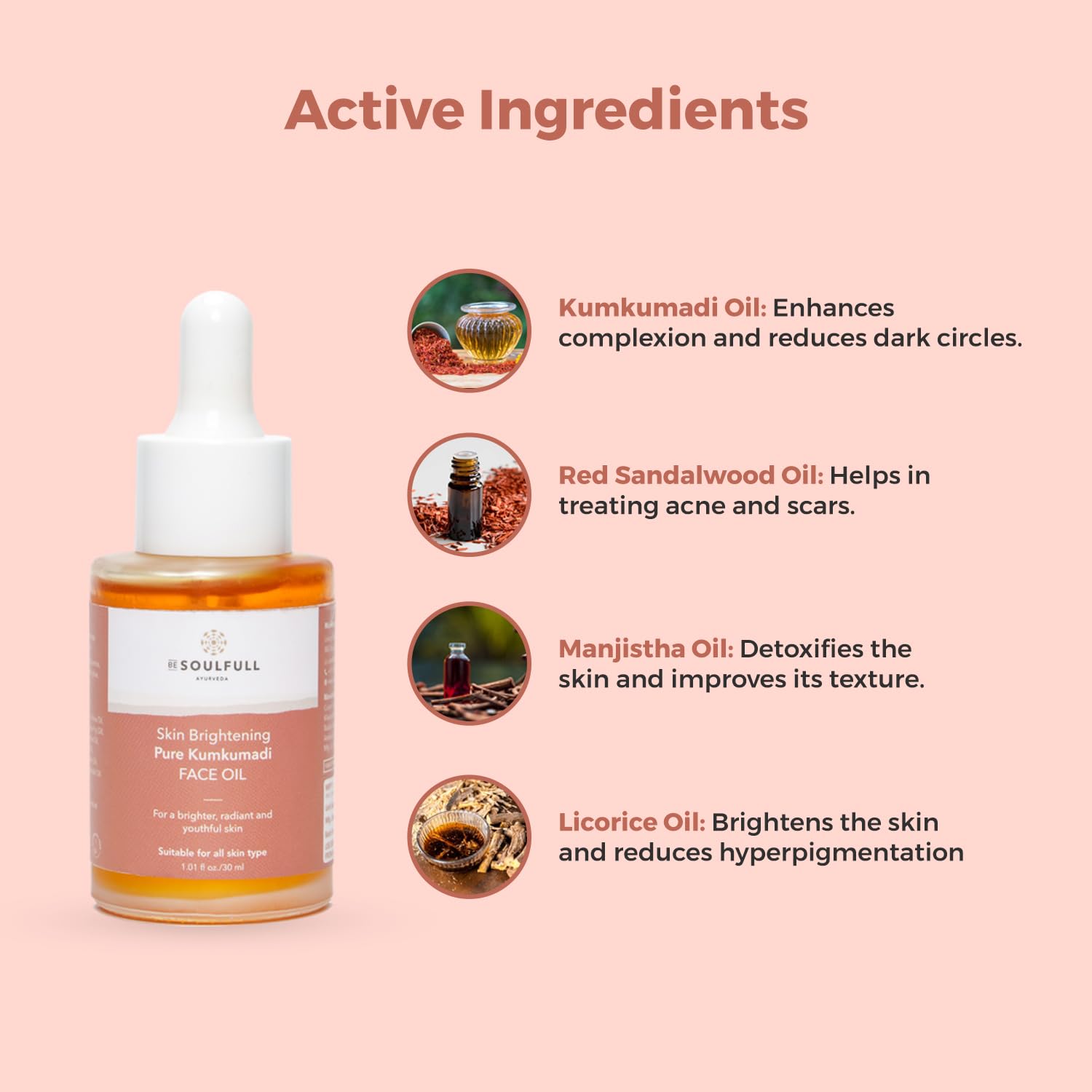 Be Soulfull Kumkumadi Face Oil - Skin Brightening & Anti-Aging Treatment for Radiant, Youthful Glow | 30ml Pure Ayurvedic Facial Oil for Daily Skincare Routine & Nighttime Regimen