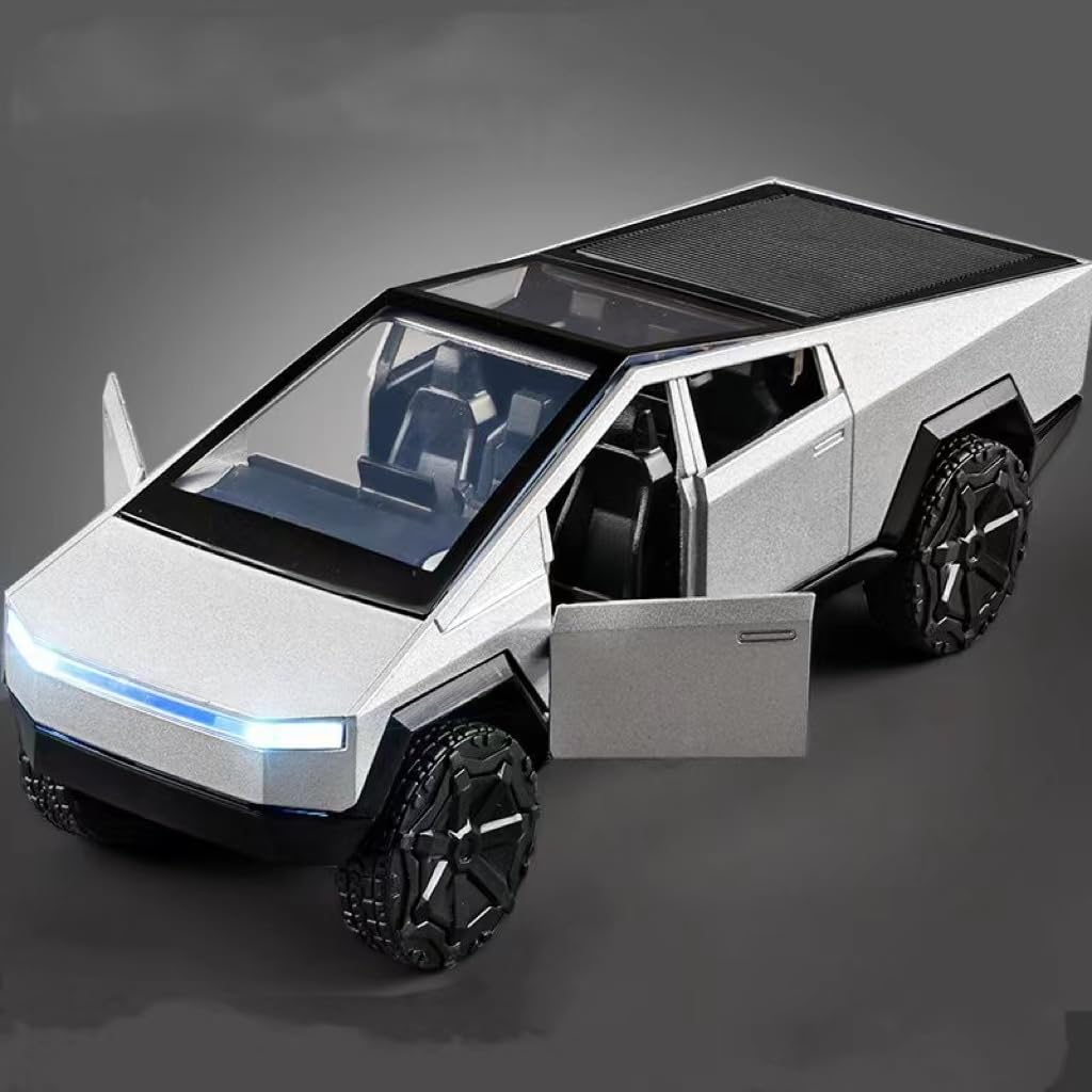 1:32 Scale Diecast Metal Cybertruck Toy Car with LED Lights & Sound Effects - Realistic Gray Silver Tesla Cyber Truck Model for Kids & Collectors - Perfect Gift for Birthdays, Christmas & Playtime Adventures