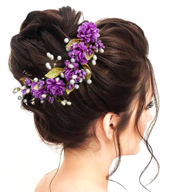 Handmade Purple Artificial Flower Hair Vine - Elegant Bridal Hair Pin for Women & Girls, Perfect for Weddings, Prom, and Special Occasions | Juda Bun-2398 Hair Accessory