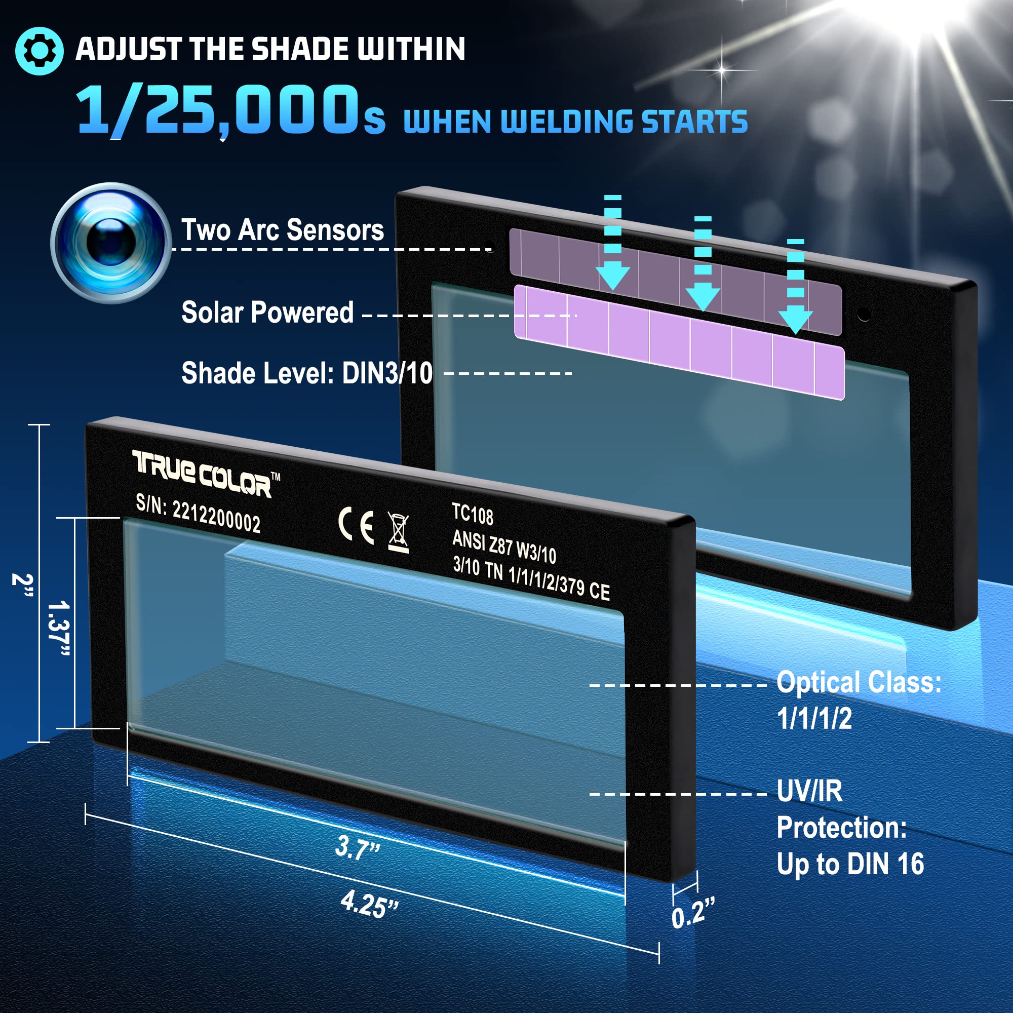 2x4.25'' Auto Darkening Welding Lens with Shade 10 - True Color Blue Technology for Clear View - Fits Most Pancake & Pipeliner Welding Helmets - Ideal for MIG, TIG, Arc Welding & Metal Fabrication