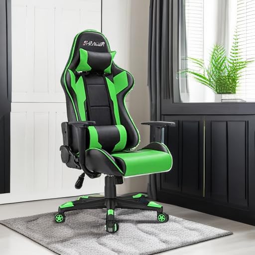 Homall Ergonomic Gaming Chair - High Back Office Chair with Adjustable Headrest & Lumbar Support, Leather Computer Desk Chair for Racing, Executive & Task Work - Perfect for Gaming, Home Office & Workspace (Green)