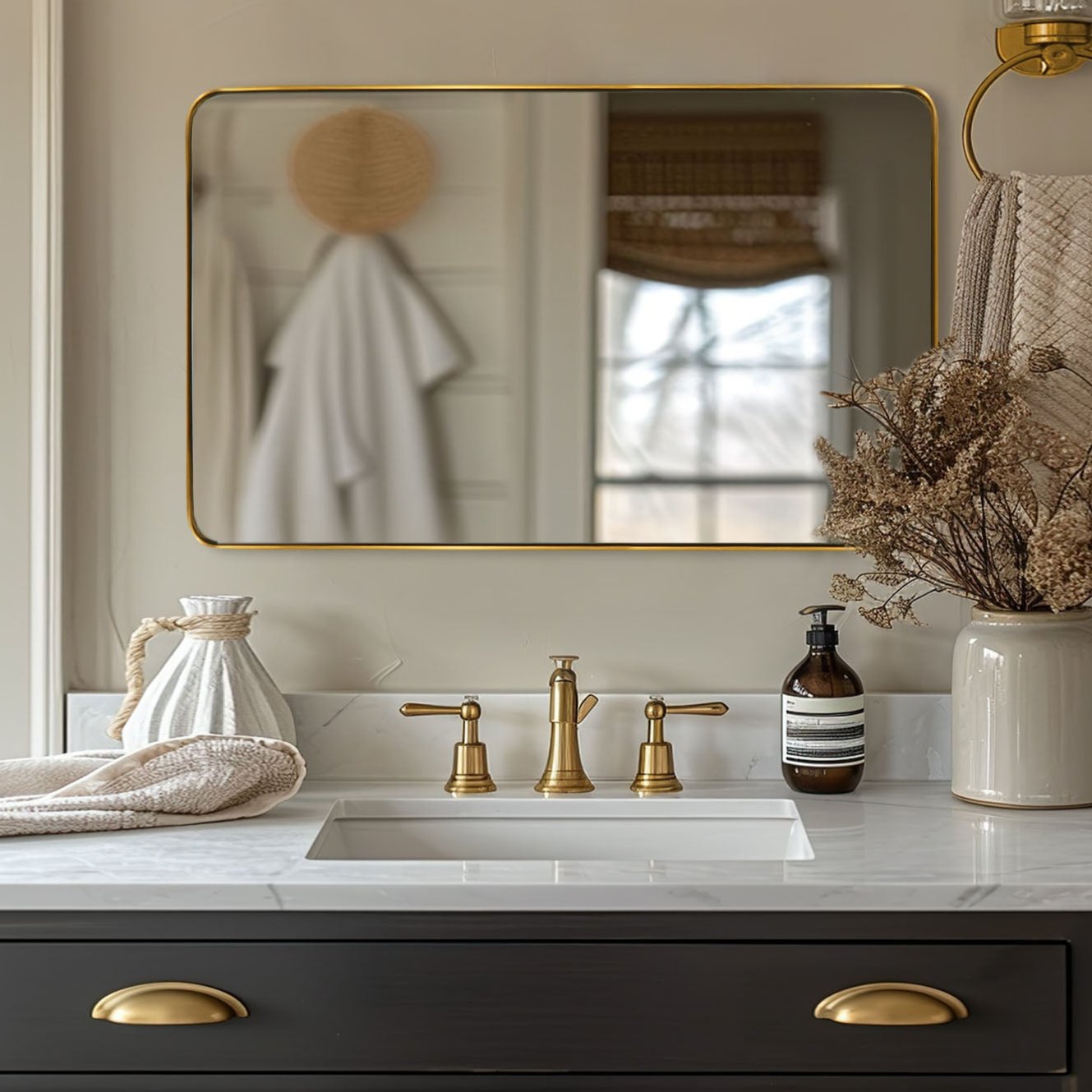 Modern Rounded Rectangle Bathroom Mirror with Stainless Steel Frame - Perfect for Vanity, Wall Decor & Home Decoration