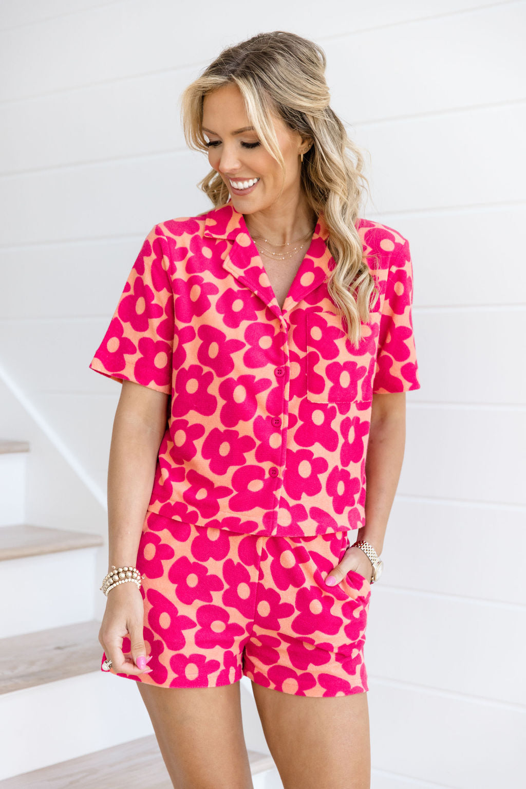 Floral Print Terry Cloth Button Down Top for Girls - Fun & Comfortable Casual Wear for School, Playdates & Outings