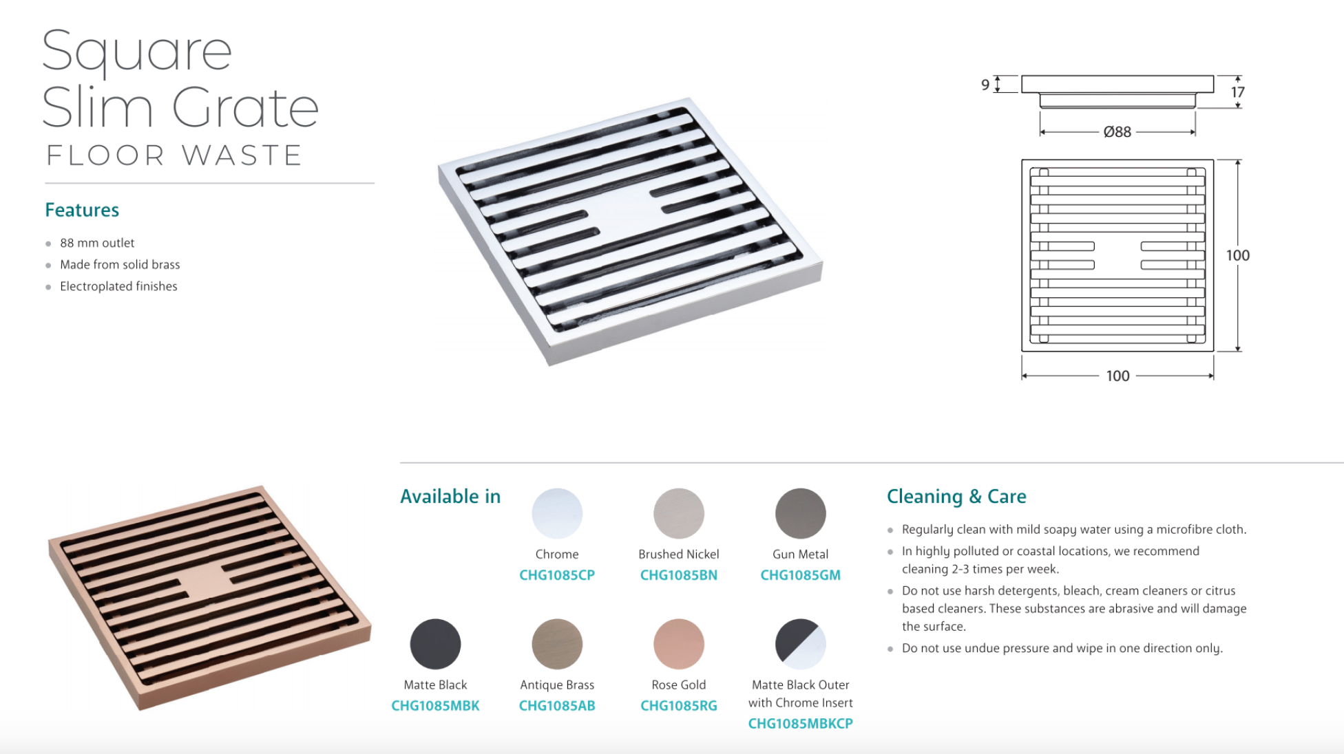 Fienza CHG1085CP 88mm Square Slim Grate Floor Drain - Chrome Plated Stainless Steel Shower Drain for Bathroom, Laundry Room & Outdoor Use