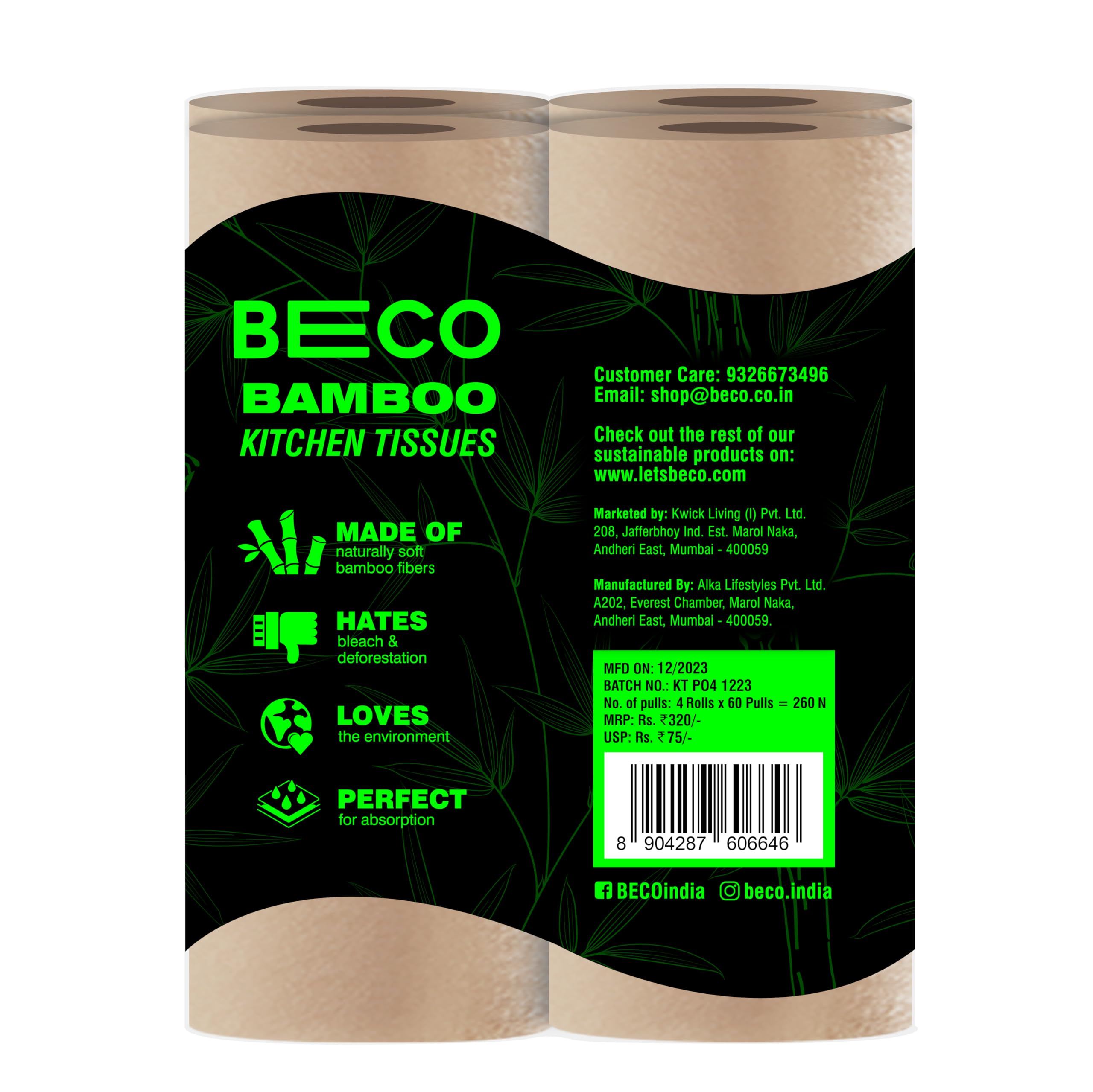Beco Bamboo 2-Ply Kitchen Paper Towels | 240 Sheets (60 Sheets x 4 Rolls) | 100% Eco-Friendly Bamboo Pulp | Soft & Super Absorbent | Food Safe & Chemical Free | Perfect for Kitchen Cleaning, Spills & Food Prep