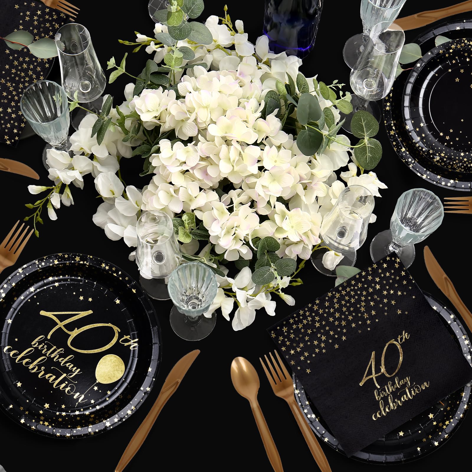 Gatherfun 40th Birthday Party Supplies Set - 40 Disposable Paper Plates, Napkins, Cups, Cutlery & Tablecloth - Black & Gold Decorations for Men & Women (Serves 25) - Perfect for Anniversary Celebrations, Milestone Parties & Special Occasions