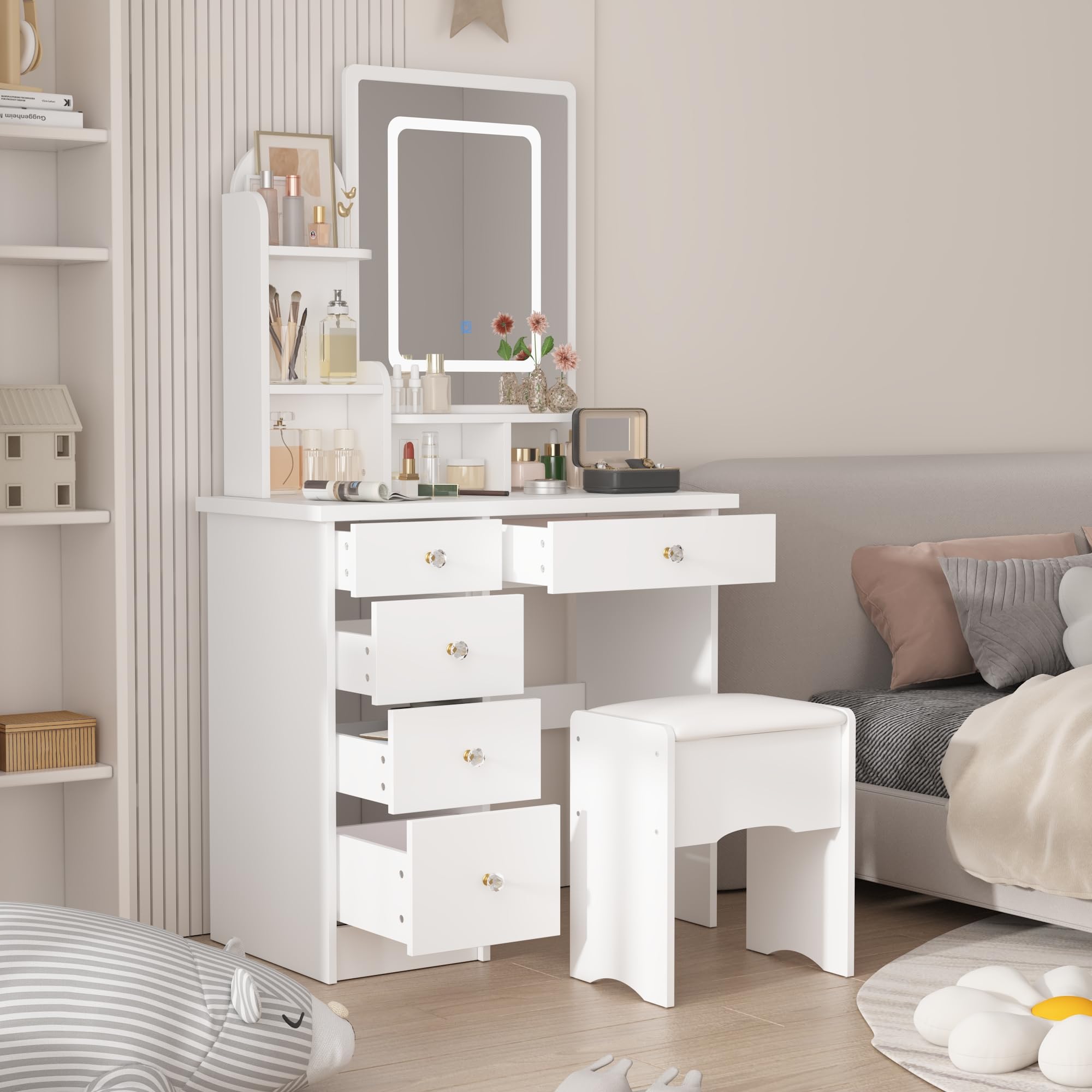 AIEGLE LED Lighted Vanity Desk Set with Rectangular Mirror - 3 Color Adjustable Makeup Dressing Table with Open Shelves & Cushioned Stool (White) | Perfect for Bedroom, Dorm Room & Beauty Salon