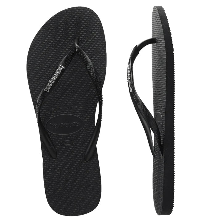 Havaianas Slim Logo Metallic Flip Flops for Women & Men - Comfortable Black & Silver Sandals for Beach, Pool, and Summer Vacation