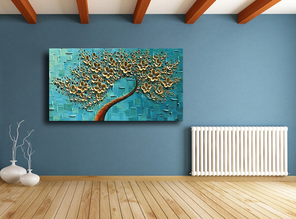 YaSheng Art - Handmade Golden Flowers Oil Painting on Canvas, Abstract Tree Texture Palette Knife Artwork, Modern Wall Decor for Bedroom, Living Room & Office (24x48 Inch) - Perfect for Home Decor, Housewarming Gifts & Interior Design