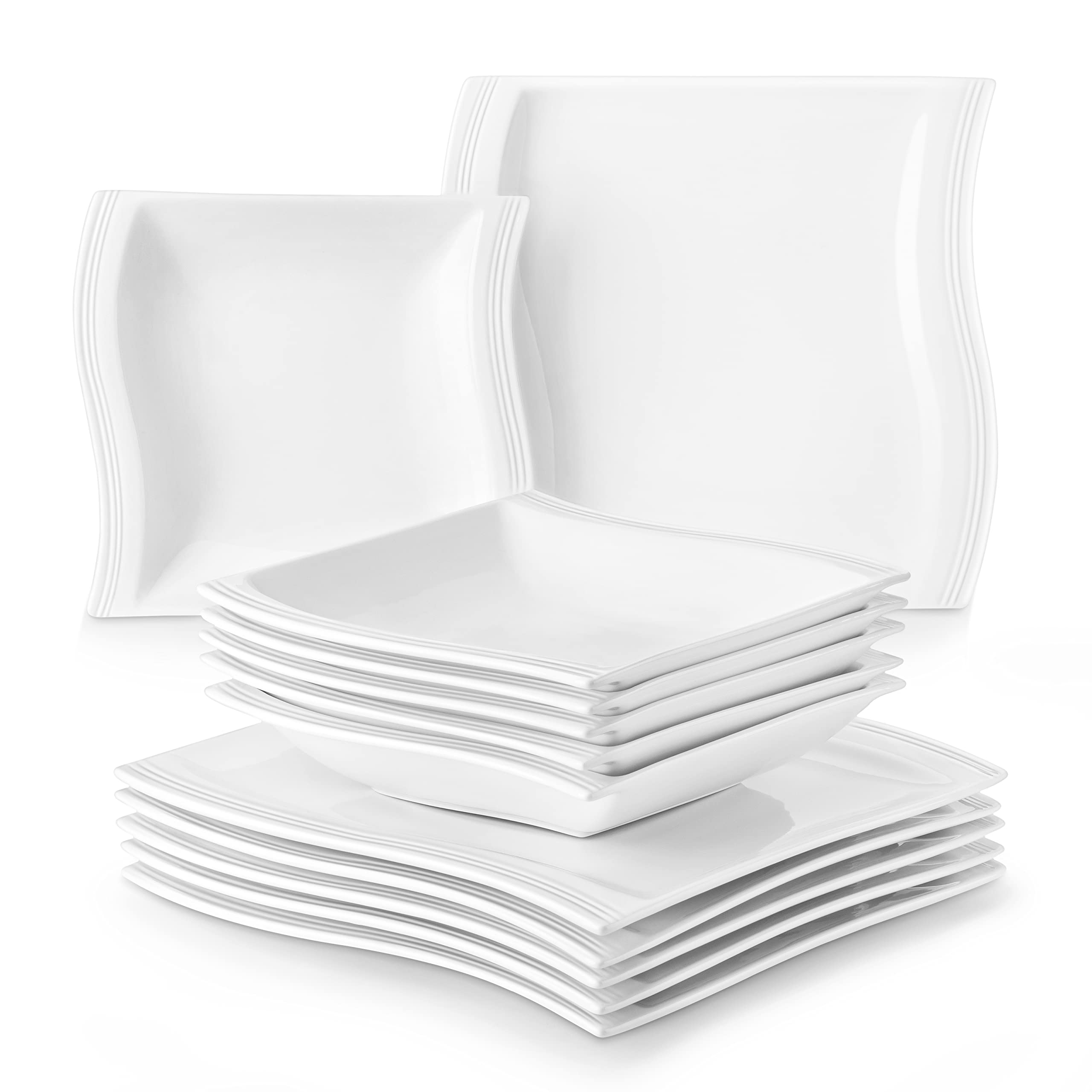 MALACASA 12-Piece Ivory White Square Porcelain Dinnerware Set - 6 Dinner Plates & 6 Soup Bowls, Microwave Safe Kitchen Dish Set for Daily Meals, Parties & Home Decor (Flora Series)