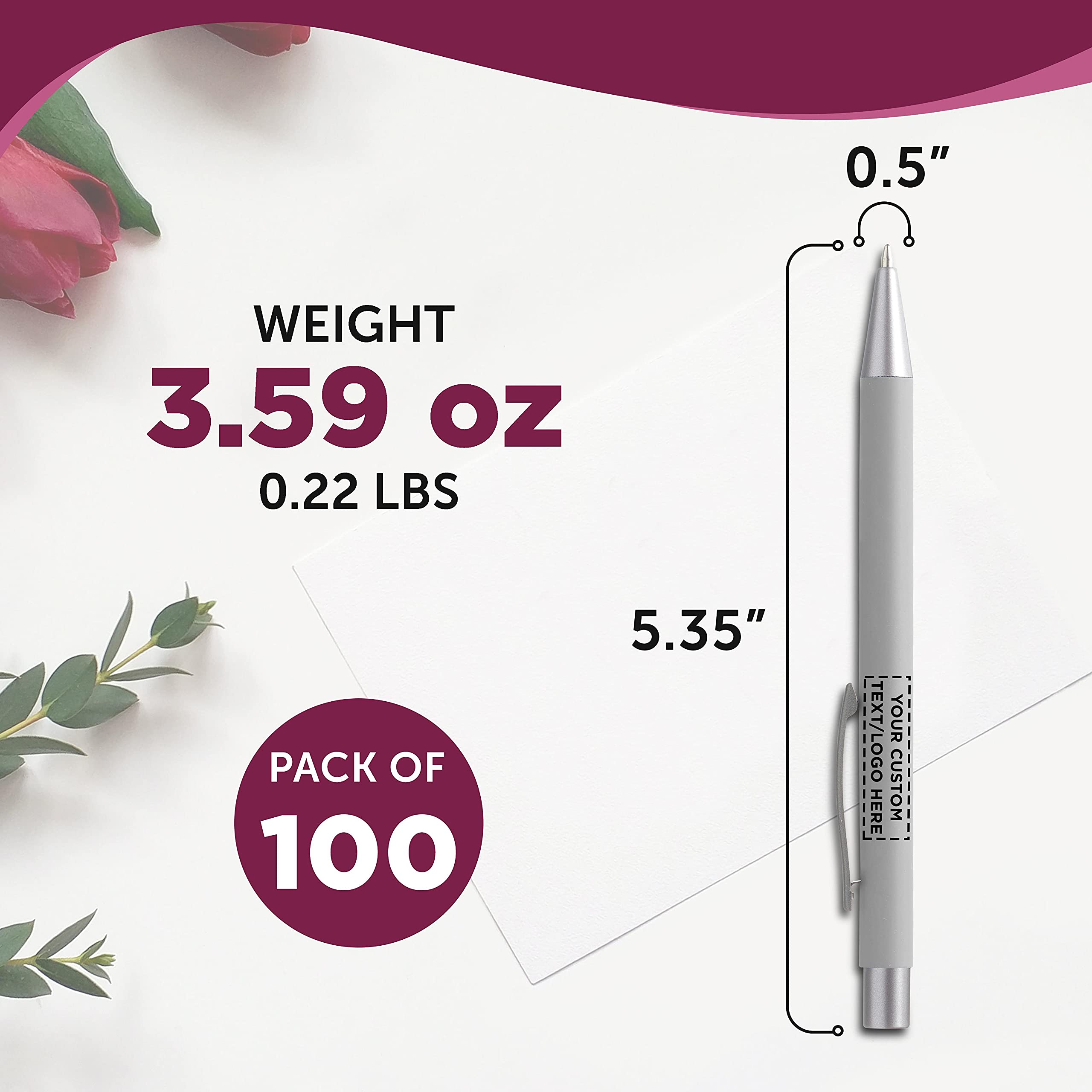 100 Pack Cordova Rubber Coated Metal Pens - Custom Text & Logo Printing - Smooth Writing Push Action Ballpoint Pens with Black Ink (Grey) - Perfect for Office, School, Corporate Gifts & Promotional Events