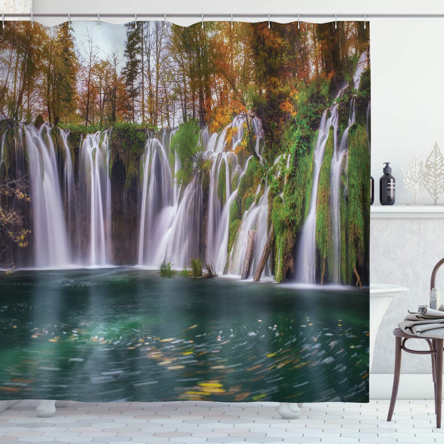 Ambesonne Croatia Shower Curtain - Stunning Plitvice Lakes National Park Nature Photography, 69