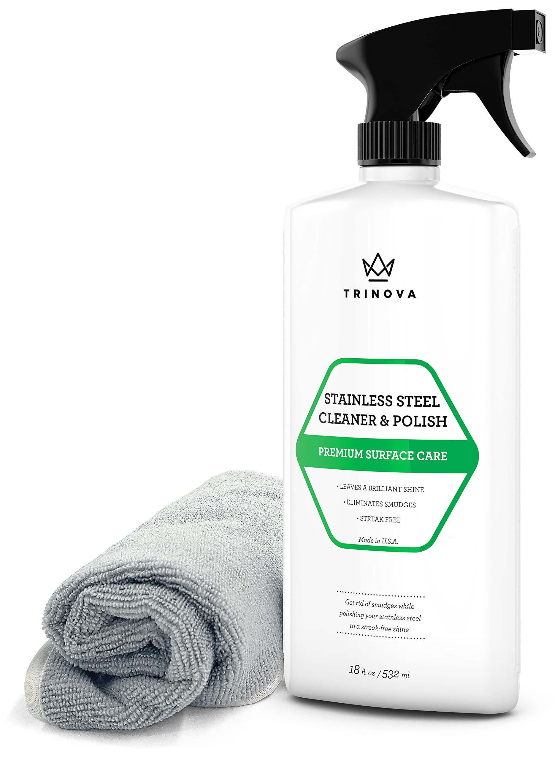 TriNova Premium Stainless Steel Cleaner & Polish Spray - 18oz Commercial Grade for Refrigerators, Microwaves, Kitchen Appliances | Includes Microfiber Cloth | Removes Fingerprints, Streaks & Oxidation | Perfect for Restaurants, Home Kitchens & Food Service Areas