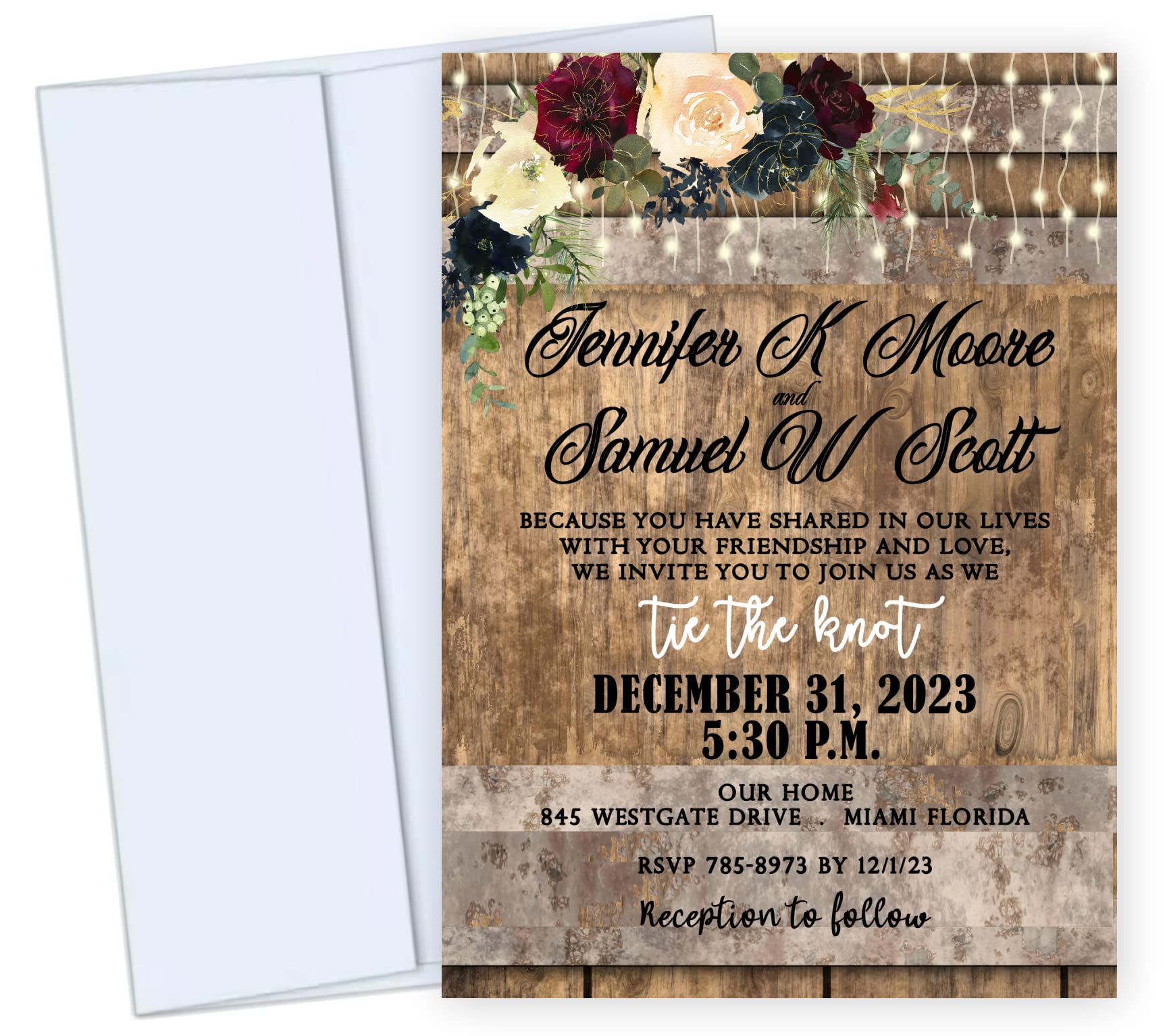 Custom Rustic Wedding Invitations Set of 50 - Ivory & Red Rose Country Theme with White Envelopes | Perfect for Barn Weddings, Country Chic Nuptials & Vintage-Themed Celebrations