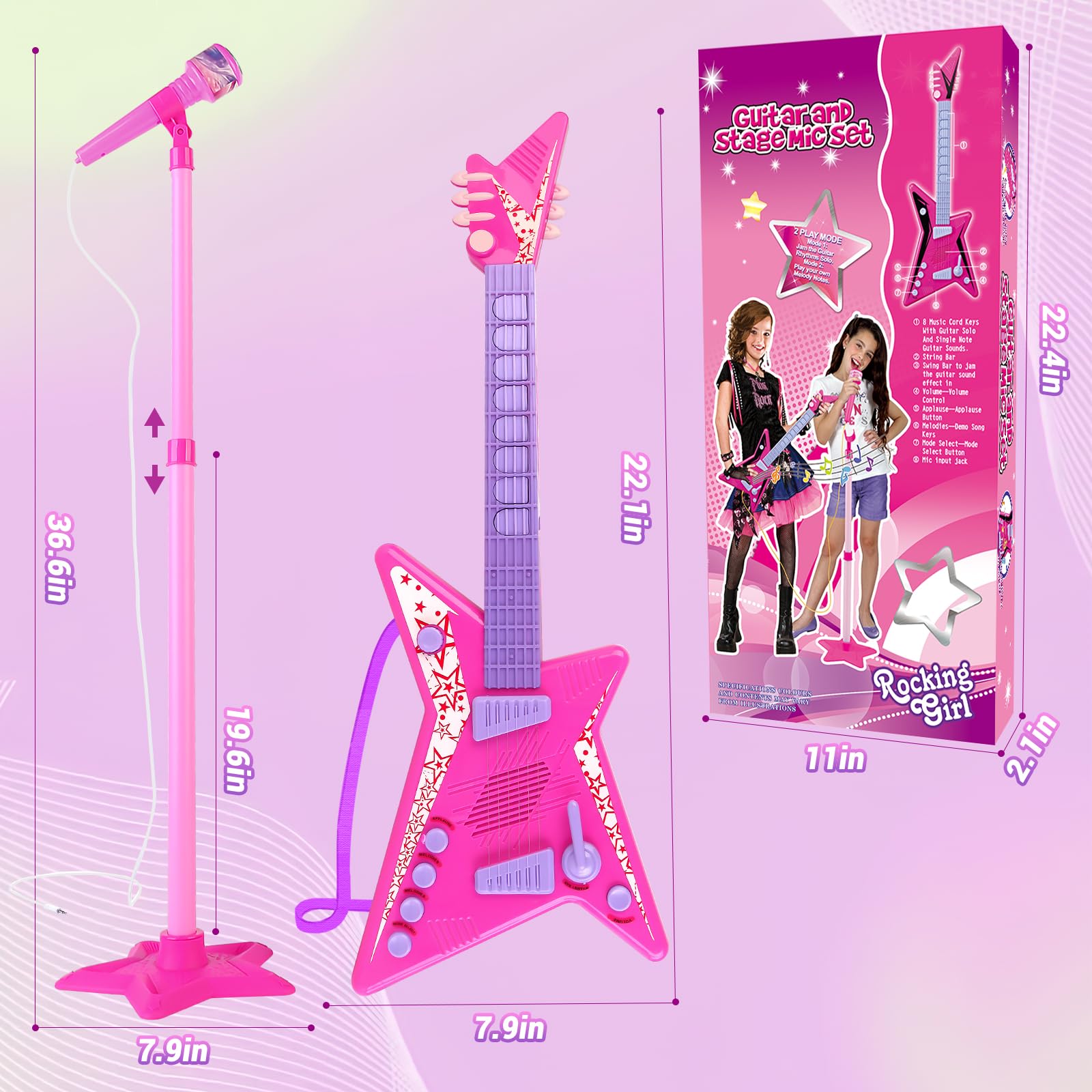 deAO Kids Guitar and Microphone Set - Adjustable Height Musical Toy with Colorful Lights & Stand | Perfect for Birthday Gifts, Karaoke Singing, and Early Music Education for Boys & Girls
