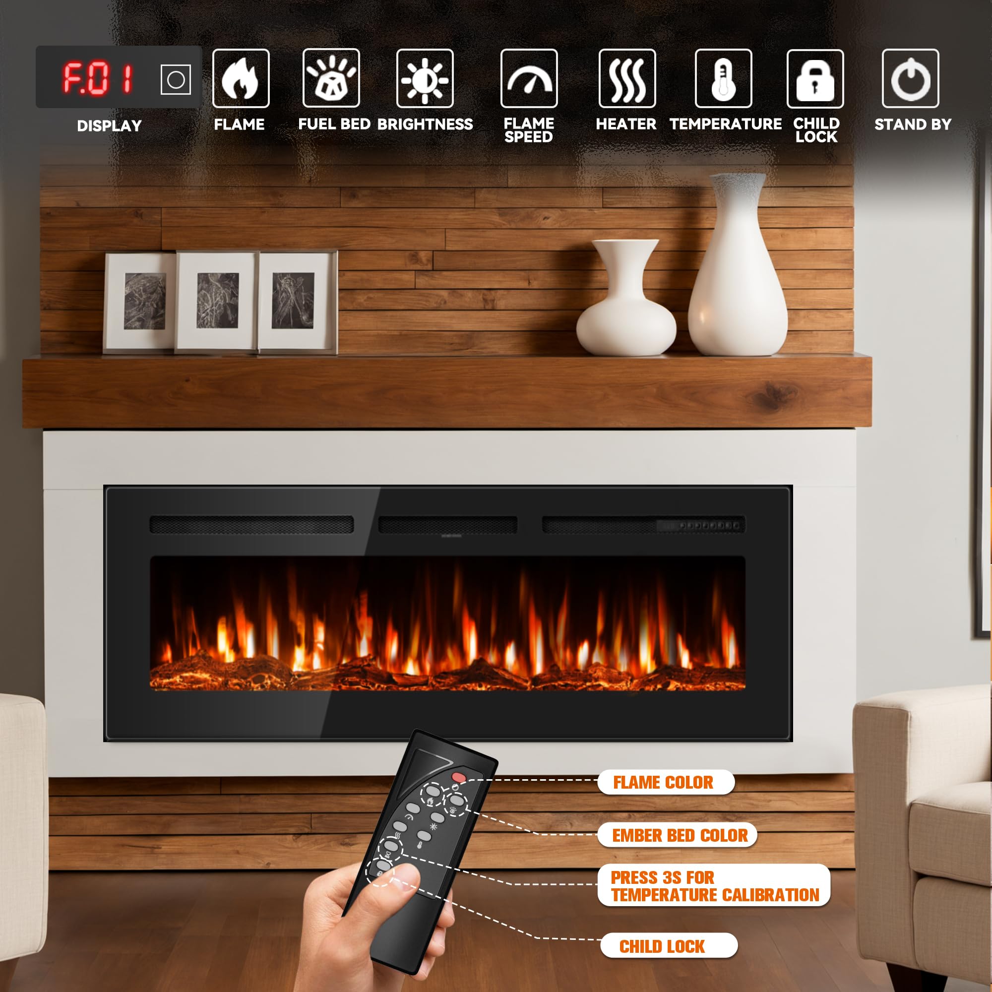 50 Inch Electric Fireplace - Recessed In-Wall & Wall Mounted with Remote Control, 750W/1500W Thin Wall Heater (60-99°F Thermostat) - 12 Adjustable Flame Colors, Timer & Log Set - Perfect for Living Room, Bedroom & Office Warmth & Ambiance