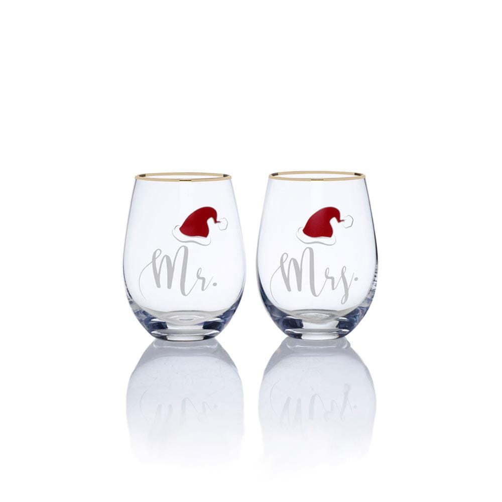 Mr and Mrs Santa Hat Stemless Wine Glasses Set of 2 - Christmas Couple Wine Cups for Holiday Parties, Romantic Dinners & Gift Giving