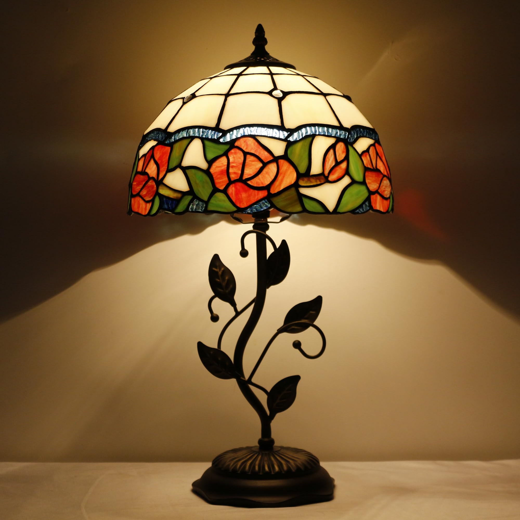 Tiffany Style Stained Glass Table Lamp with Metal Leaf Base - 12