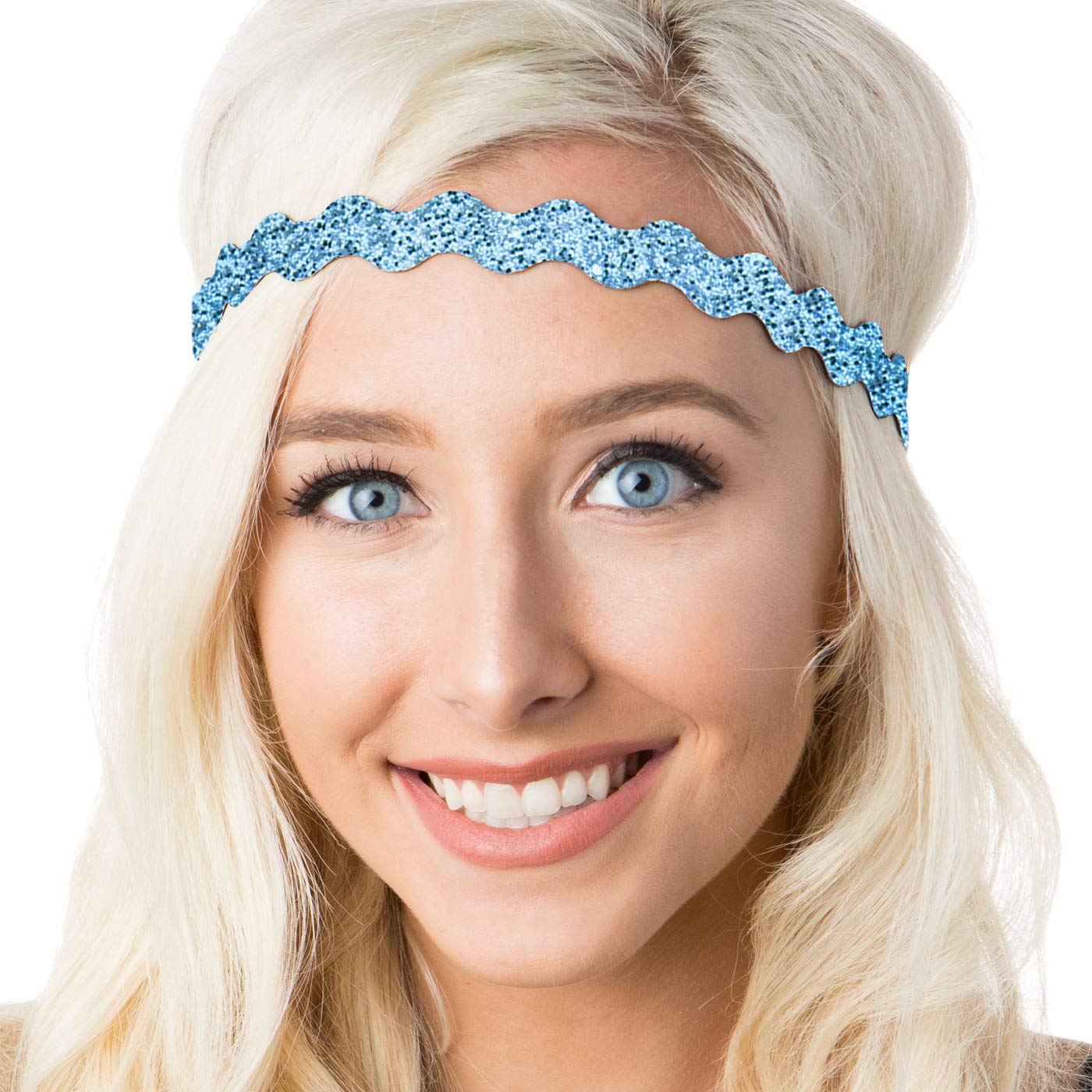 Stylish Plus Size Adjustable No-Slip Sparkly Bling Headbands 4-Pack for Women, Girls & Teens - Glitter Mixed Light Blue - Perfect for Workouts, Yoga, Sports & Everyday Fashion