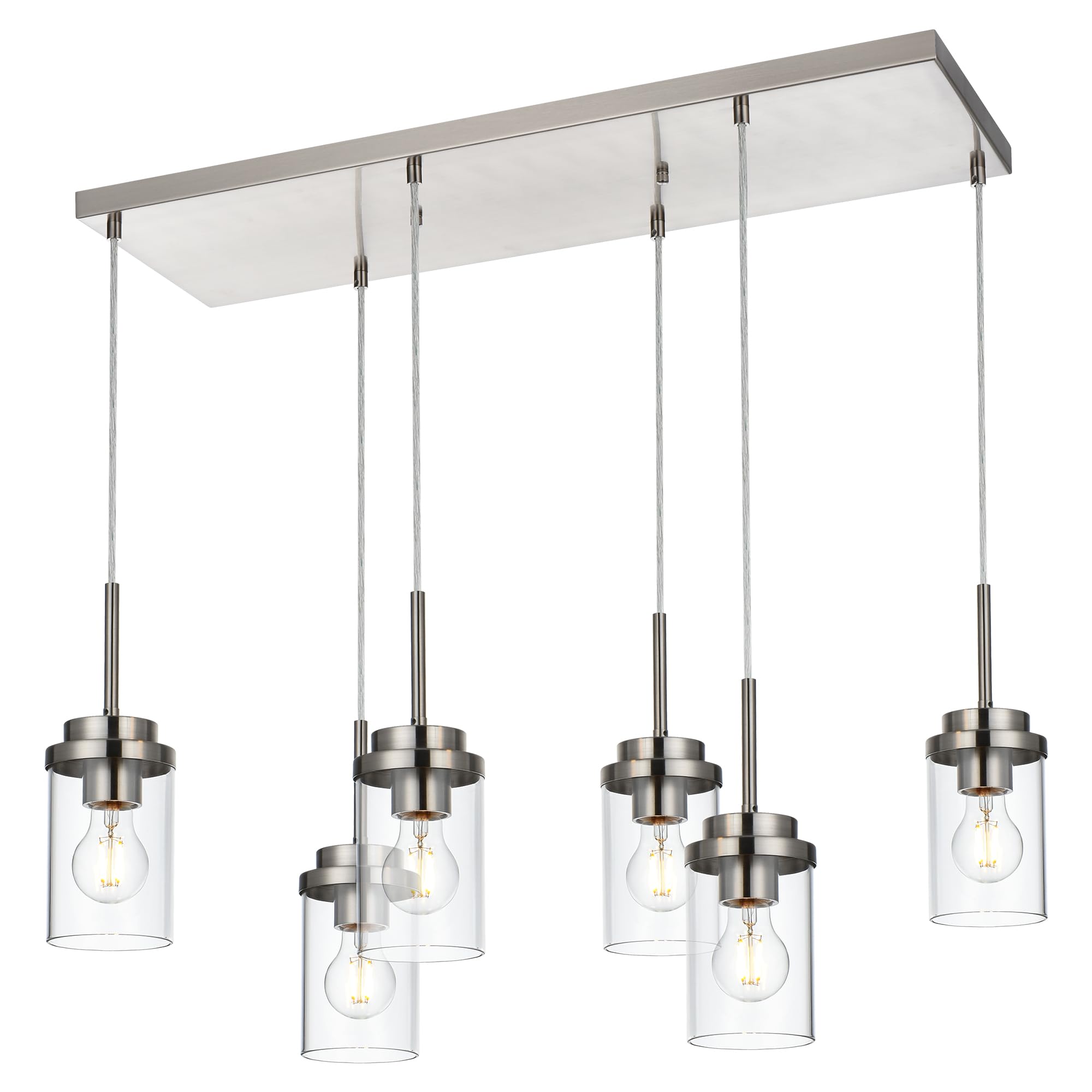 Modern 6-Light Linear Chandelier - 30.5 Inch Brushed Nickel Pendant Lighting with Clear Glass Shades for Kitchen Island & Dining Room | Perfect for Contemporary Home Decor, Restaurant Lighting, and Open Concept Spaces