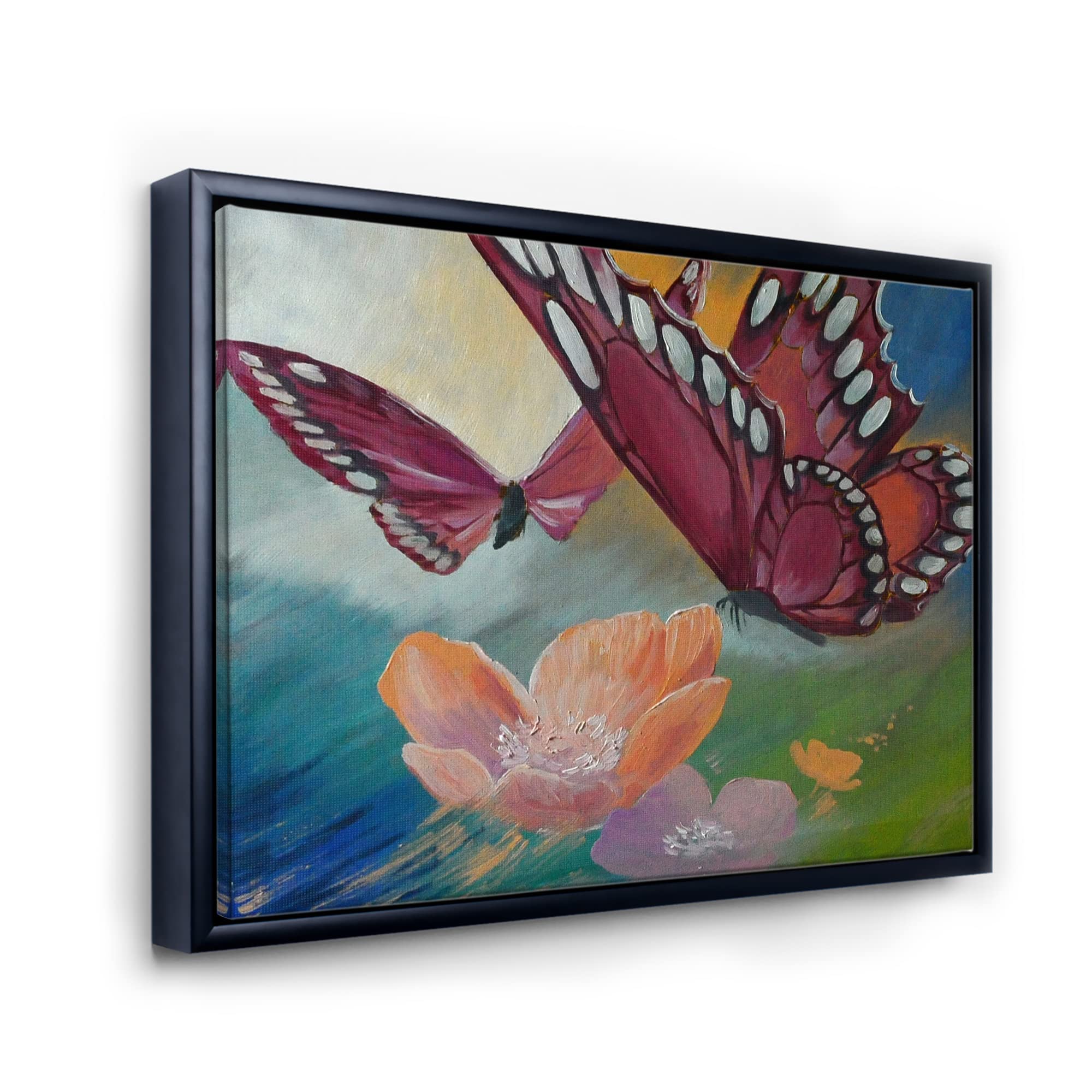 Butterfly on Pink Flowers Framed Canvas Wall Art - Traditional Home Decor for Living Room, Bedroom & Office
